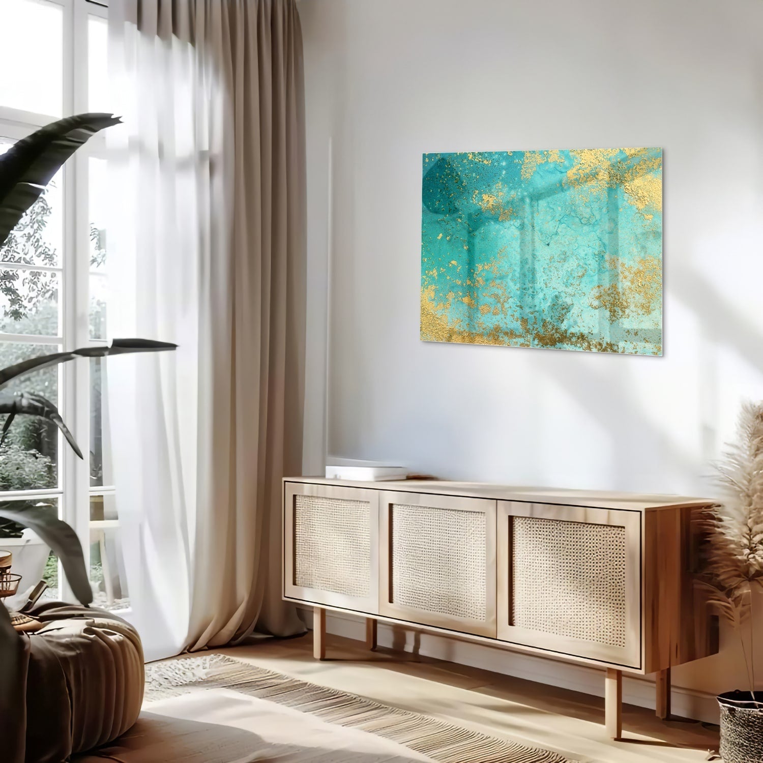 Glasbild mit goldenen Akzenten auf Türkis