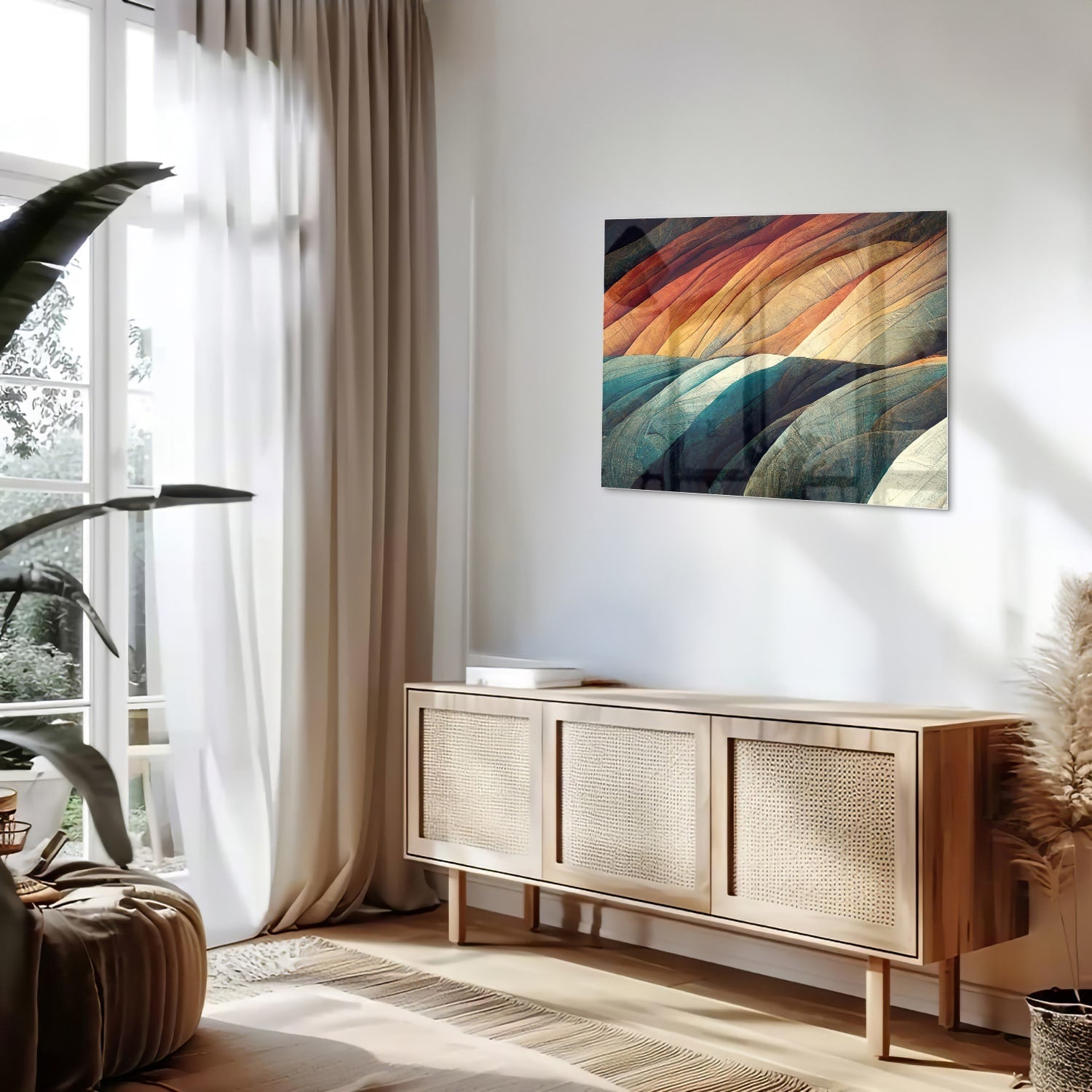 Abstraktes Glasbild mit farbenfrohen Wellen