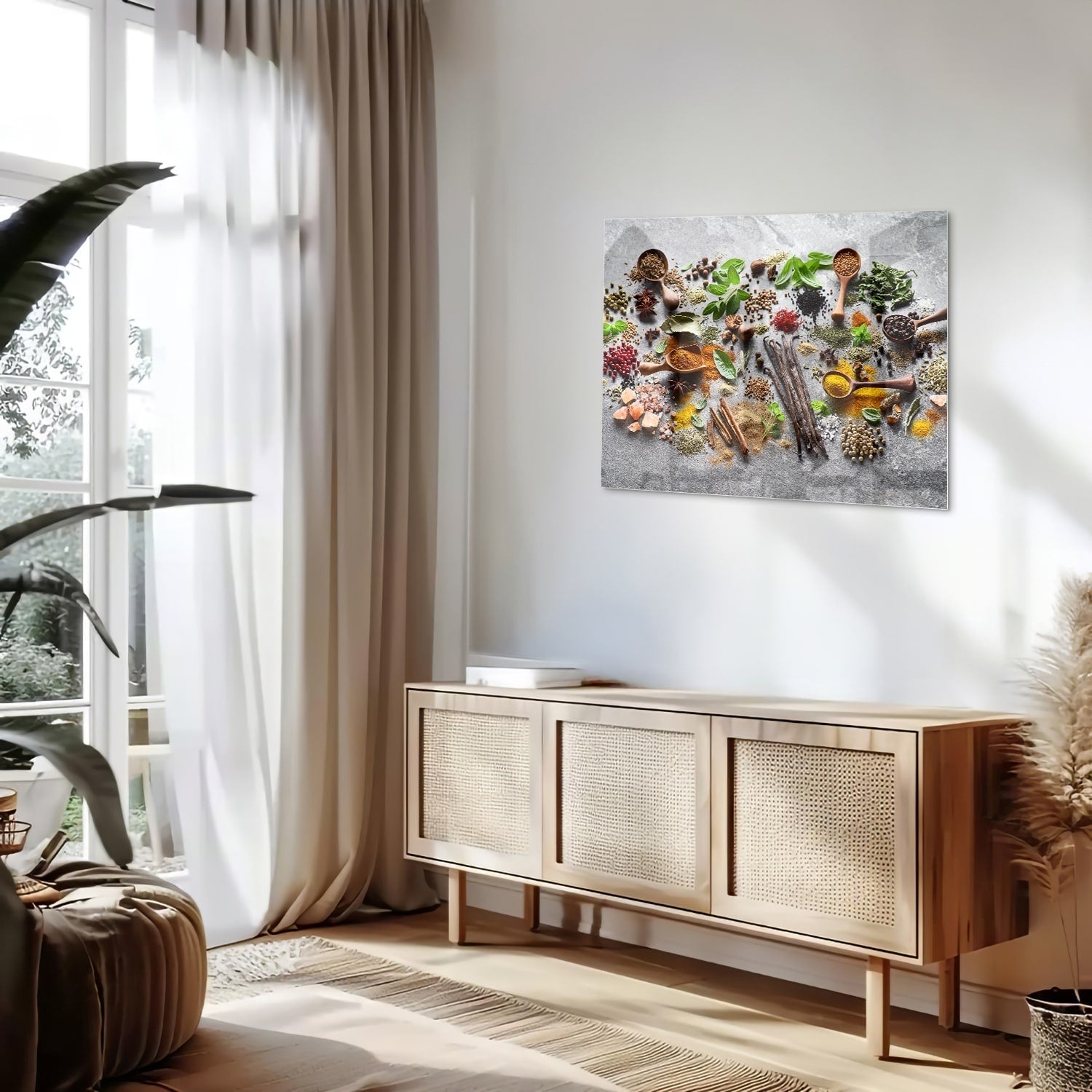 Farbenfrohes Glasbild mit Kräutern und Gewürzen
