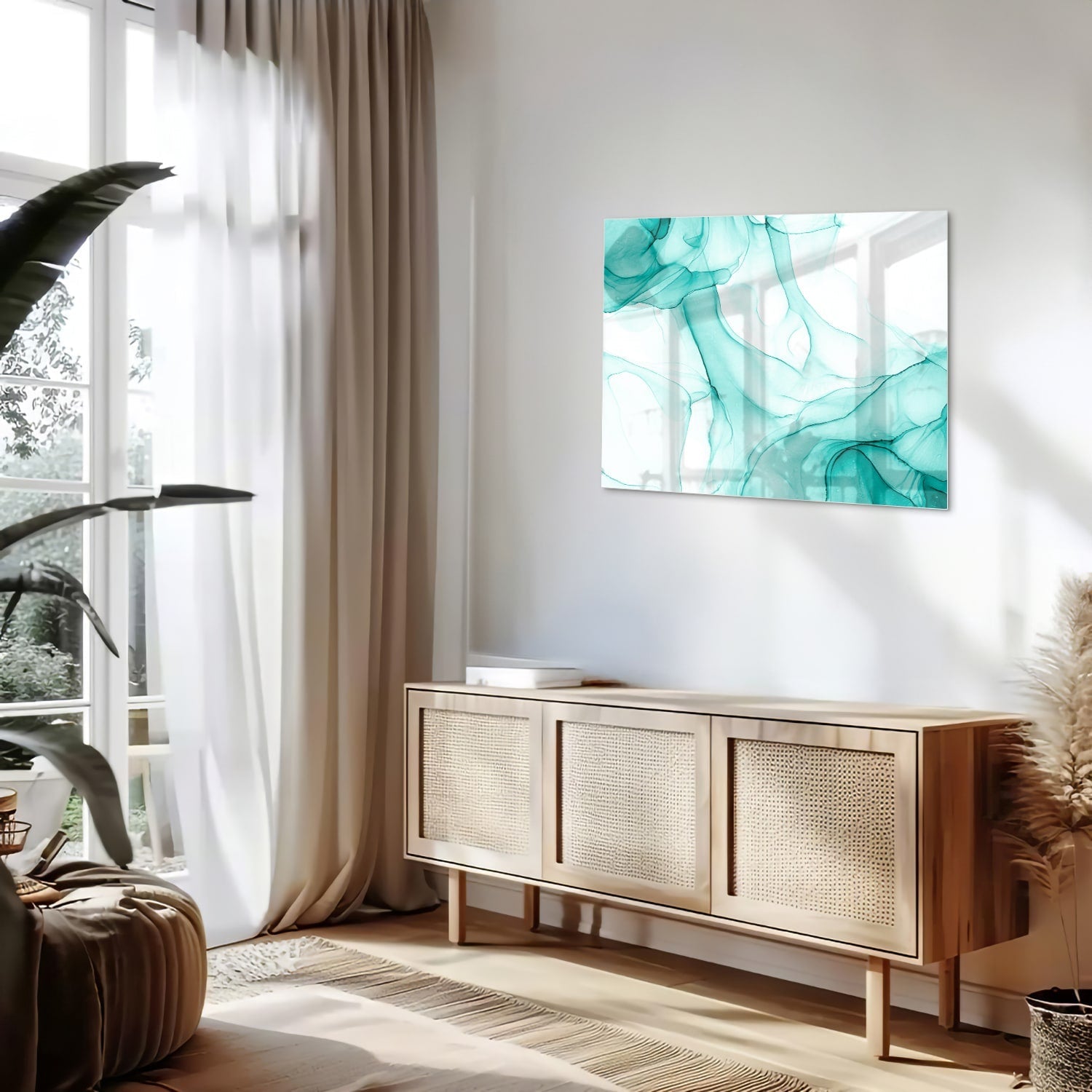 Hellblaues abstraktes Glasbild für elegante Innenräume