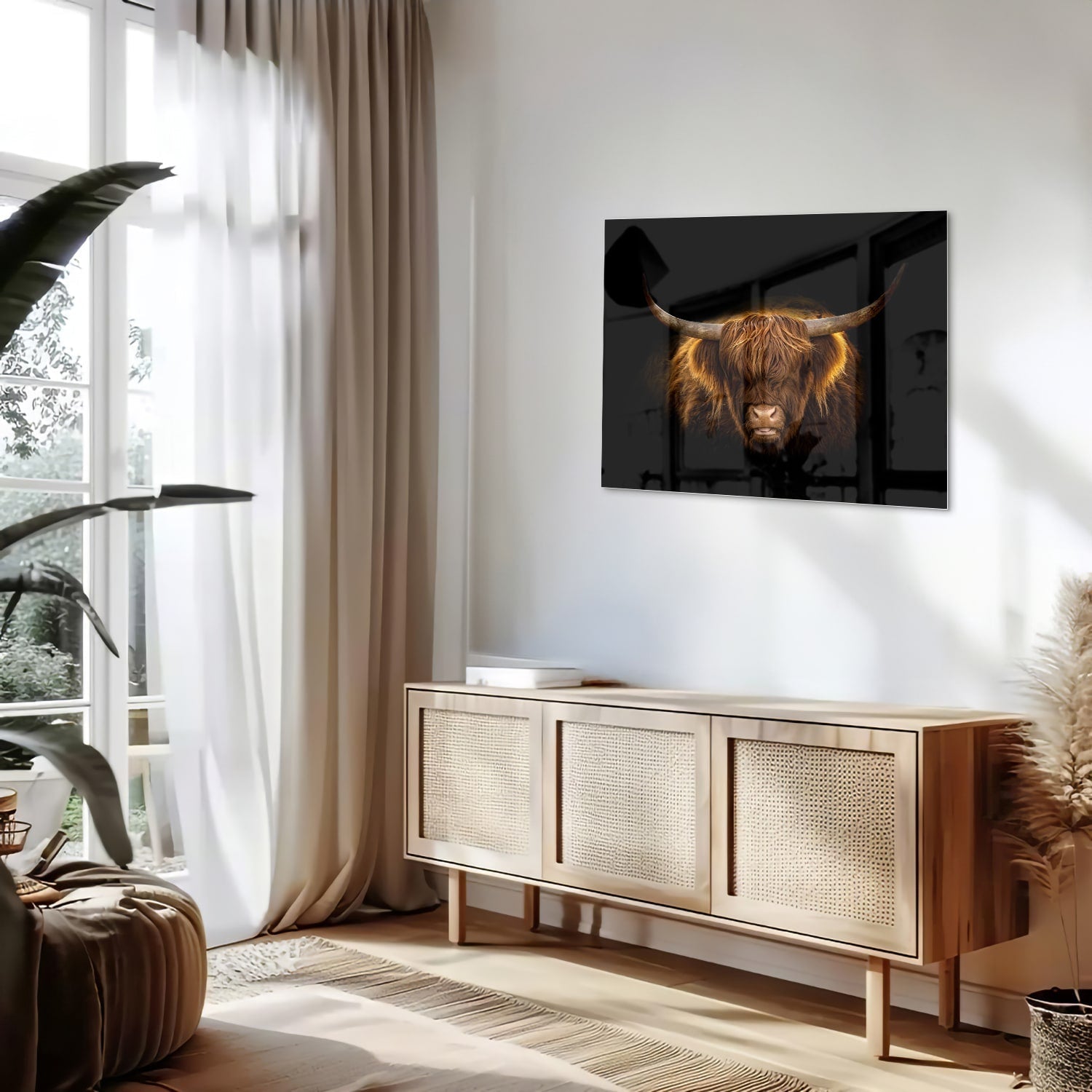 Beeindruckendes Glasbild mit Highland-Rind