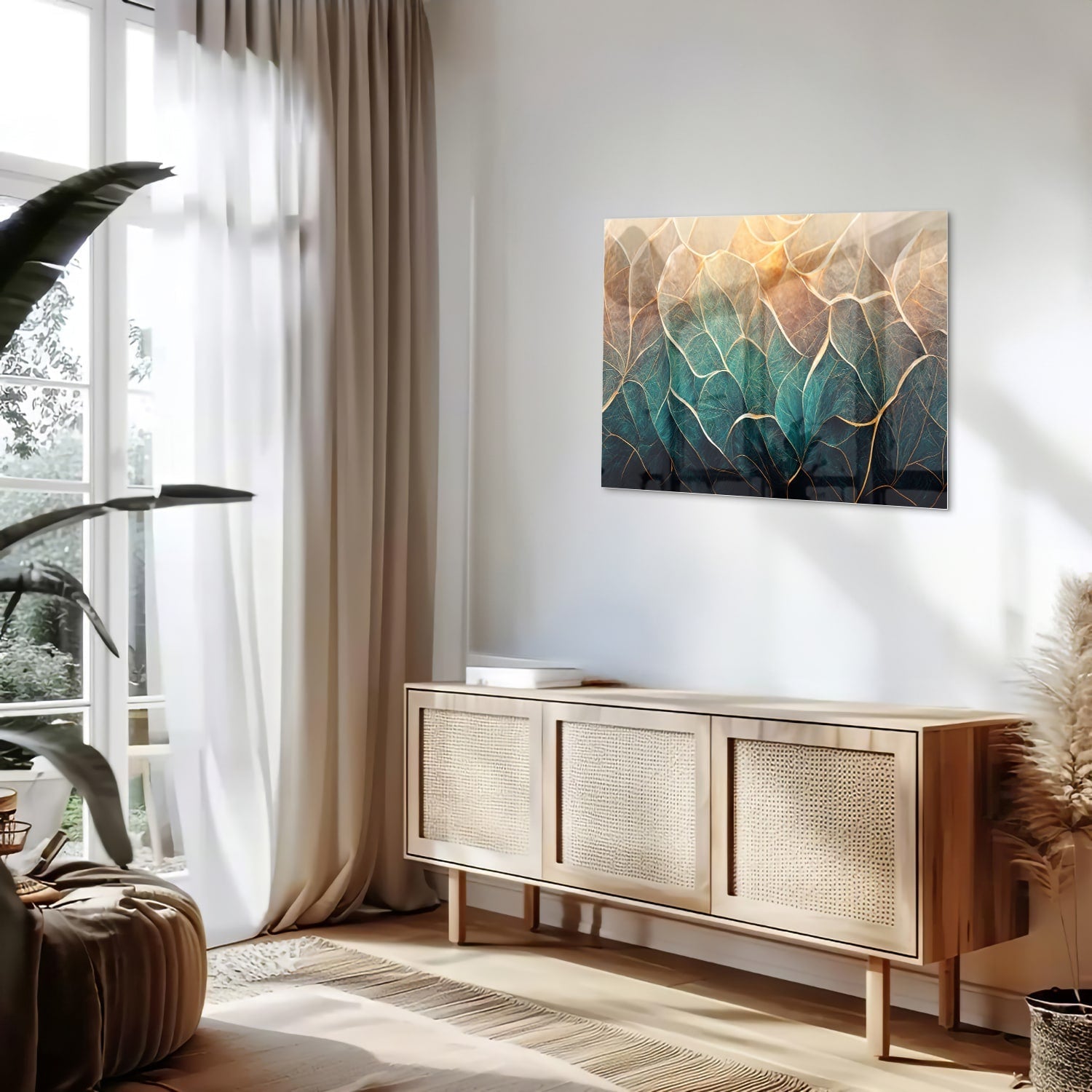 Glasbild mit Blättern und goldenen Linien