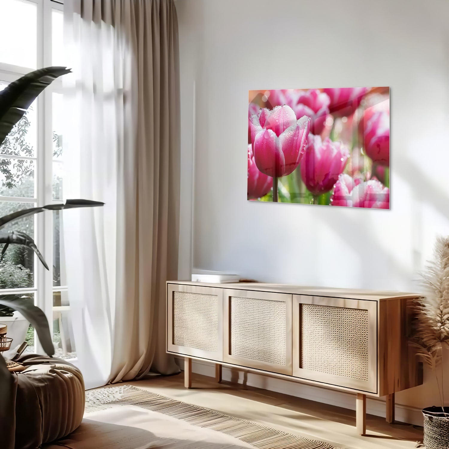 Glasbild mit bezaubernden rosa Tulpen