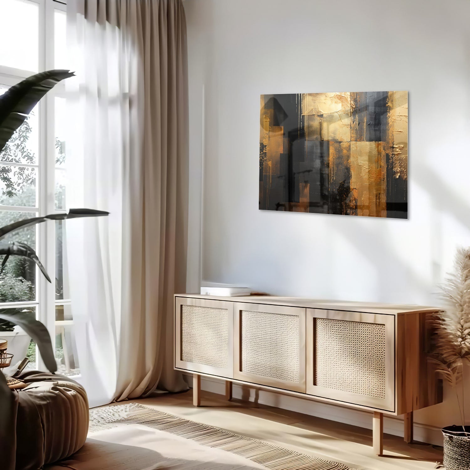 Abstraktes Glasbild in Gold und Schwarz