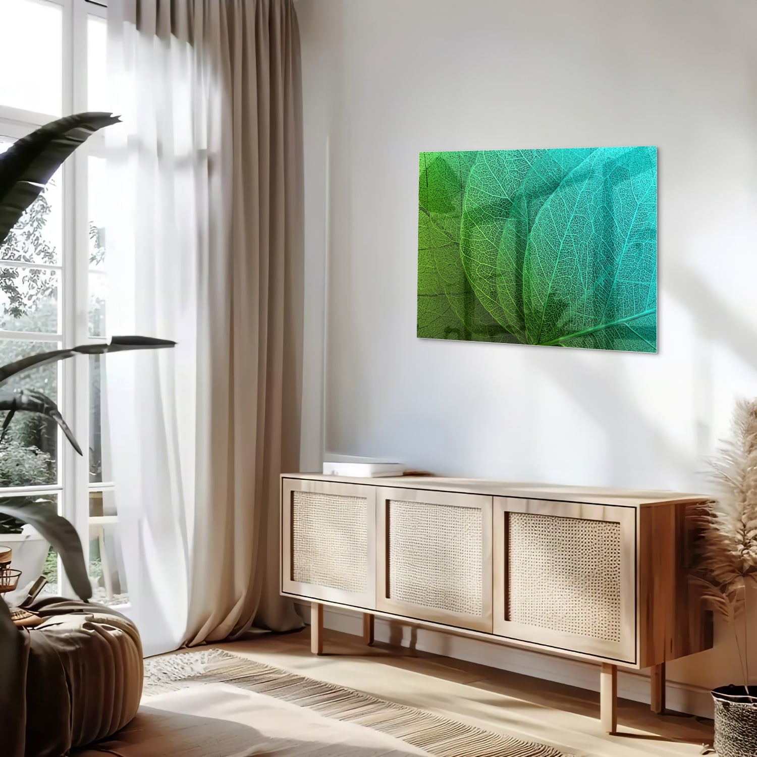 Glasbild mit strukturierter Oberfläche aus grünen Blättern