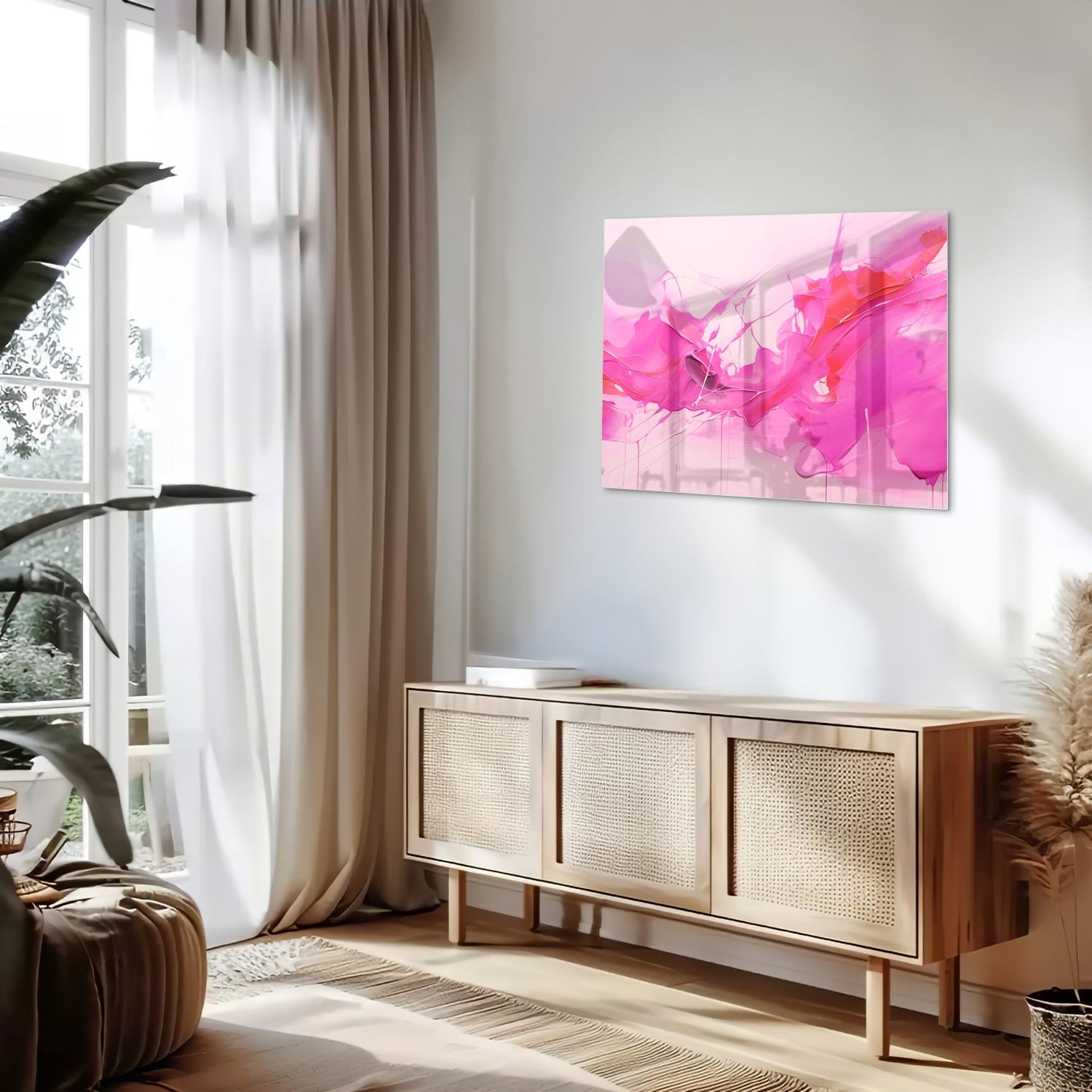Abstraktes Glasbild in leuchtenden Rosatönen