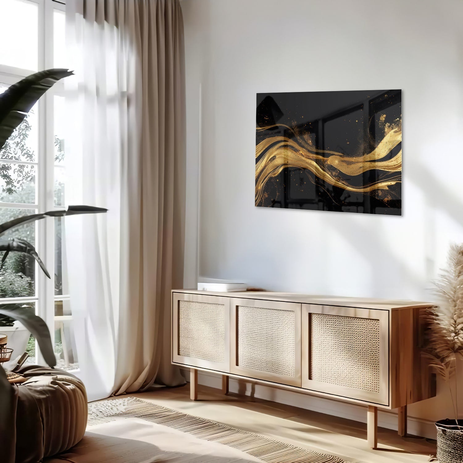 Elegantes Glasbild mit goldenen Linien