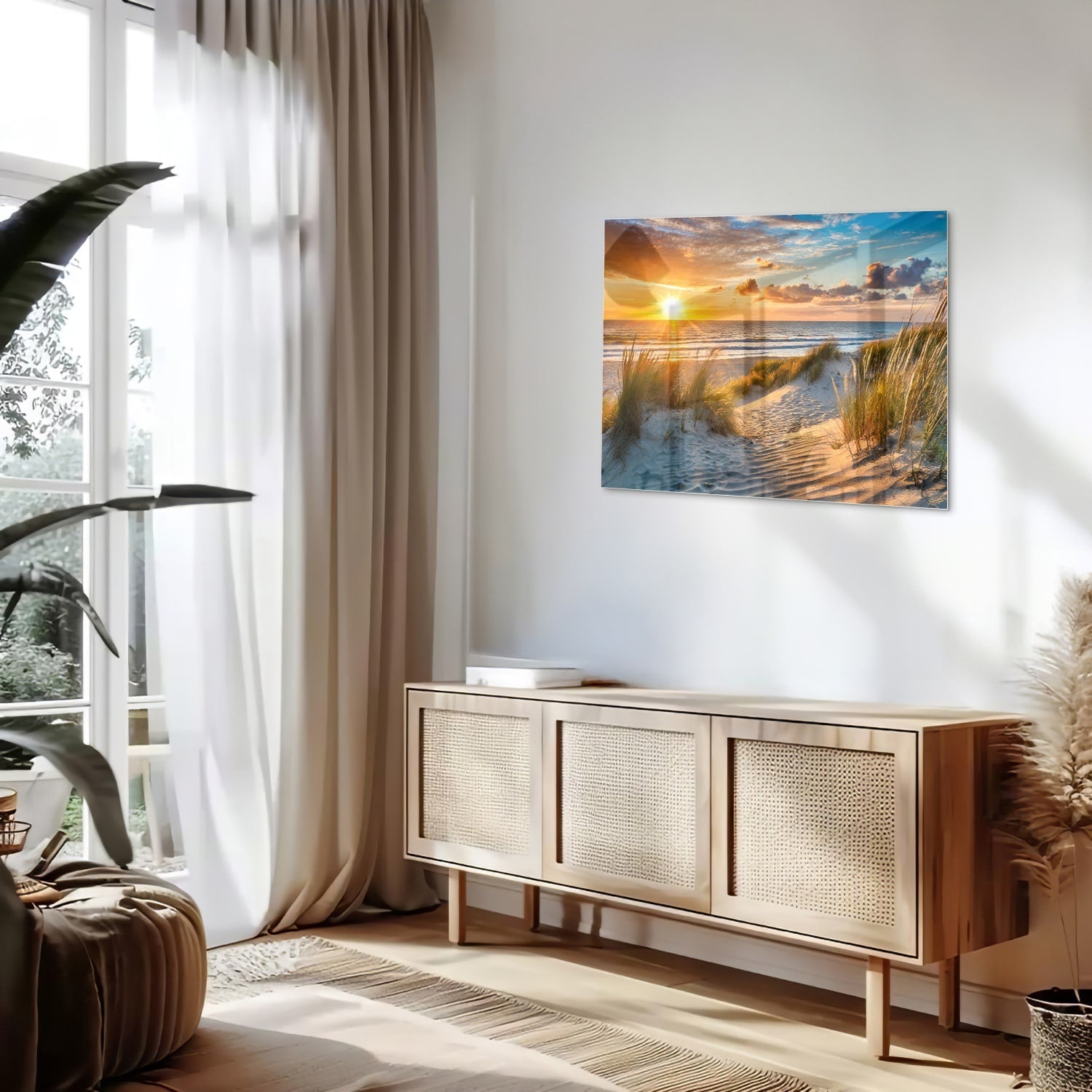 Glasbild – Sonnenuntergang am Strand