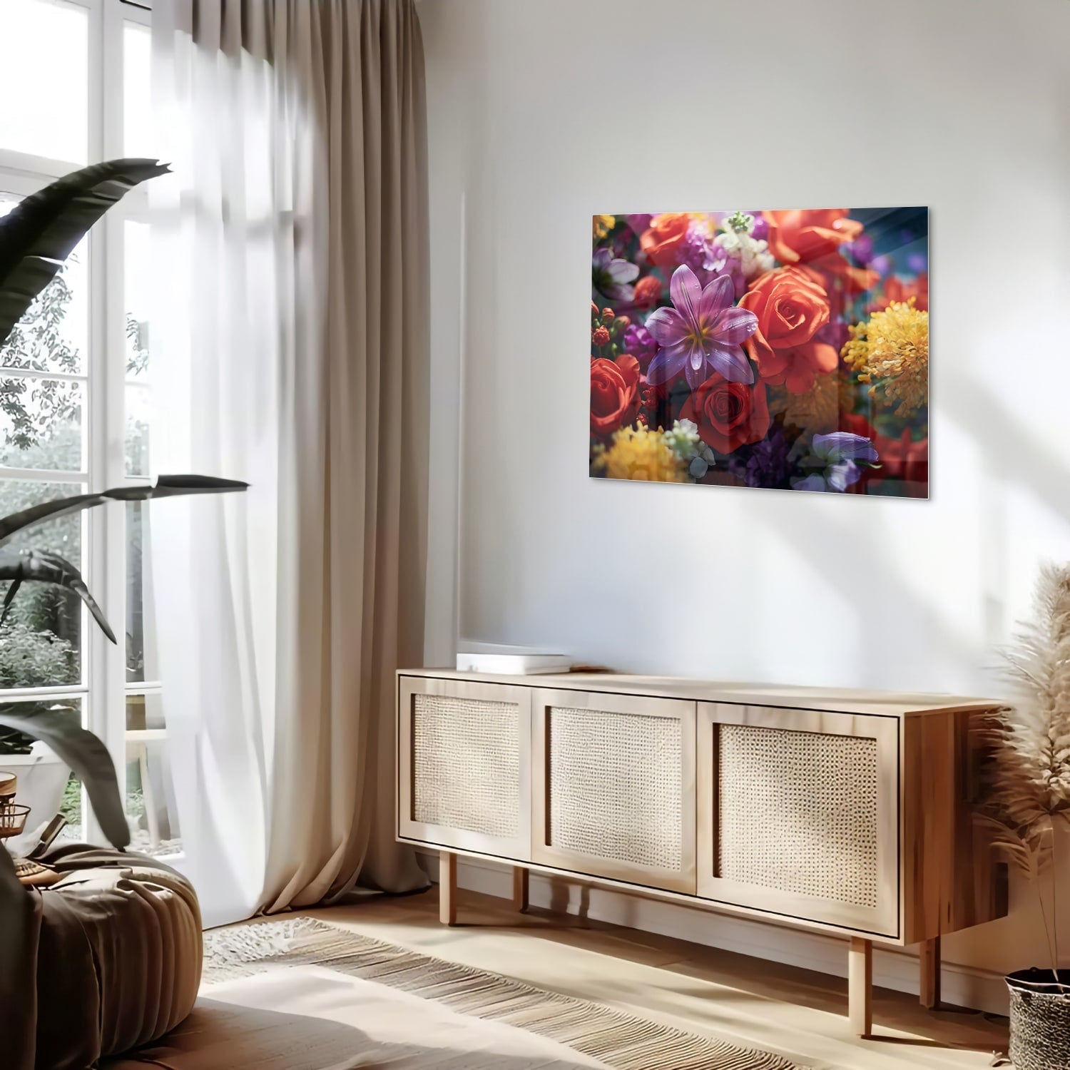 Farbenfrohes Glasbild mit Blütenpracht