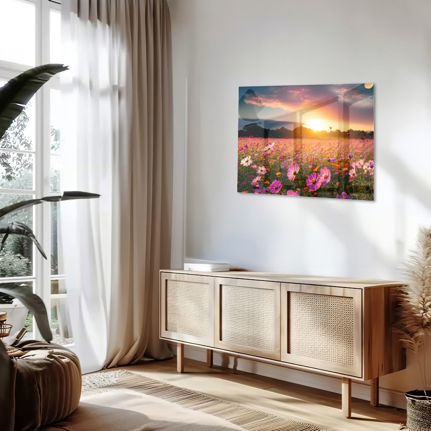 Glasbild – Sonnenuntergang über Blumenfeld