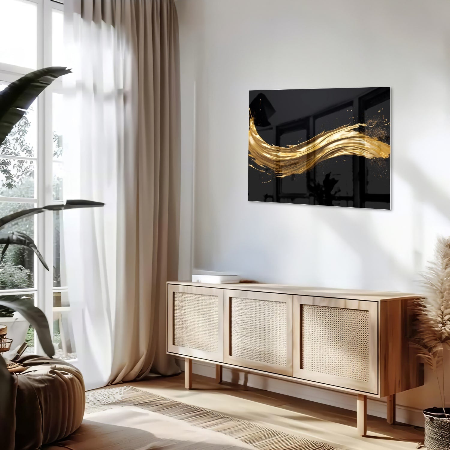 Glasbild mit goldenem Glanz auf schwarzem Hintergrund