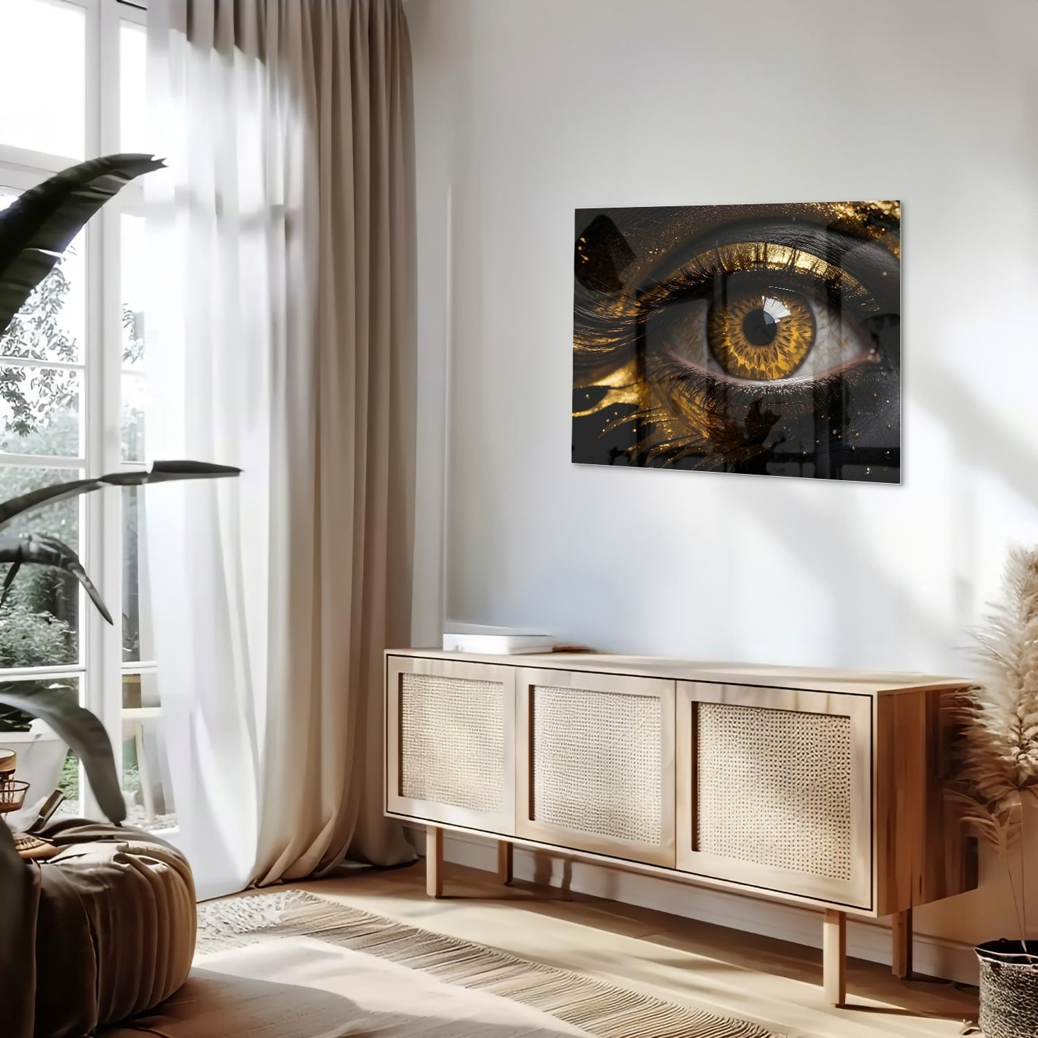 Glasbild Augen-Kunstwerk in Gold und Schwarz