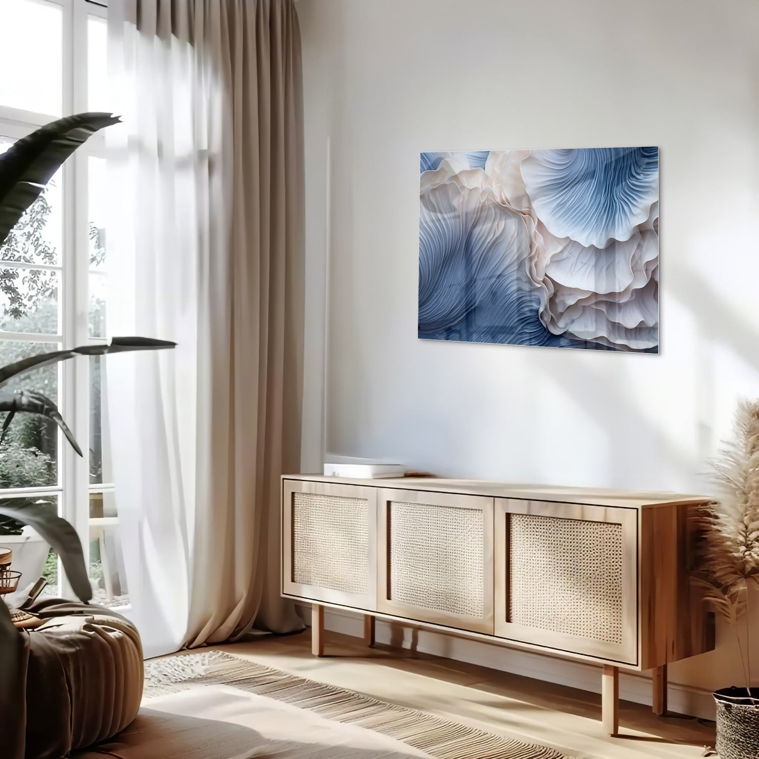 Elegantes Glasbild mit blauen und weißen Mustern