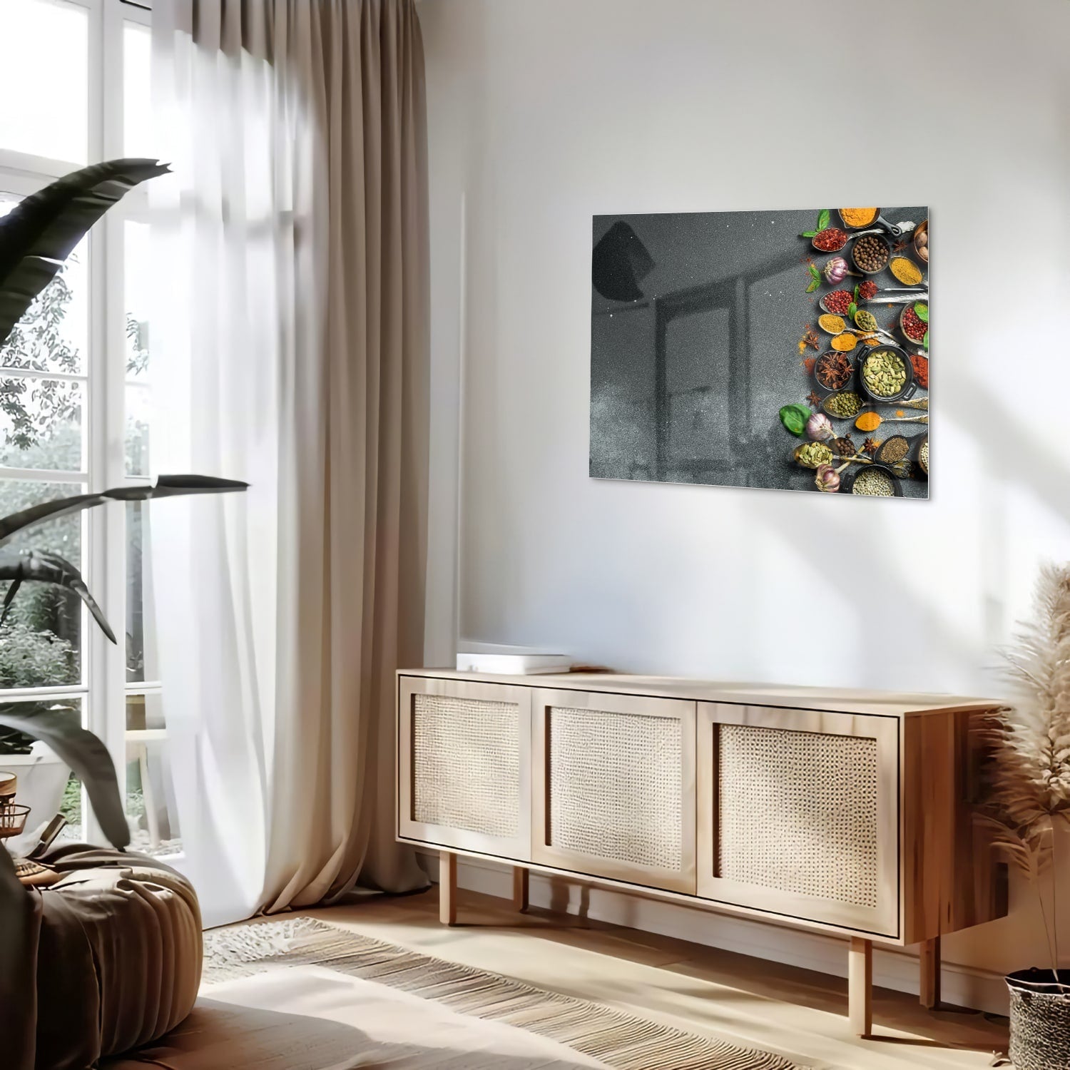Farbenfrohes Glasbild mit Kräutern und Gewürzen