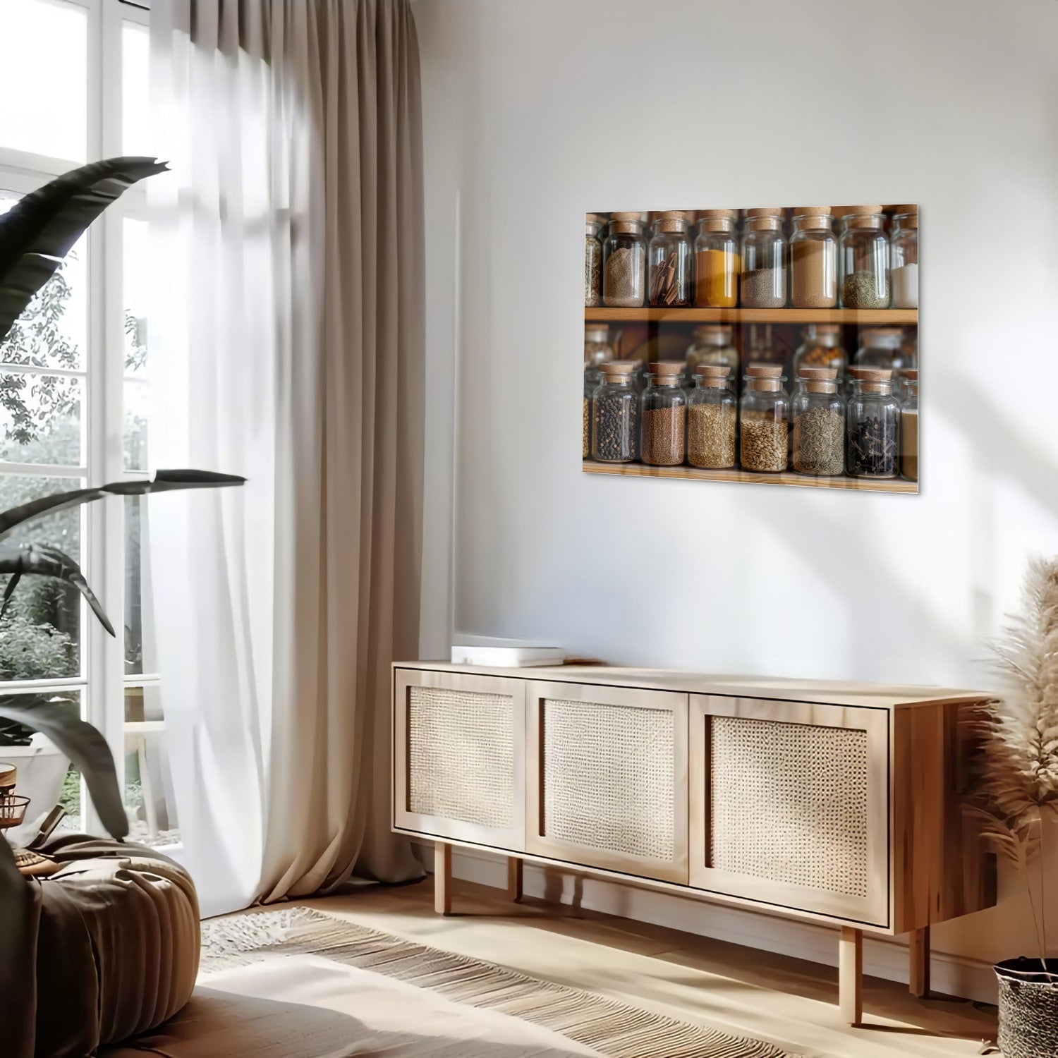 Glasbild mit Gewürzen in Einmachgläsern