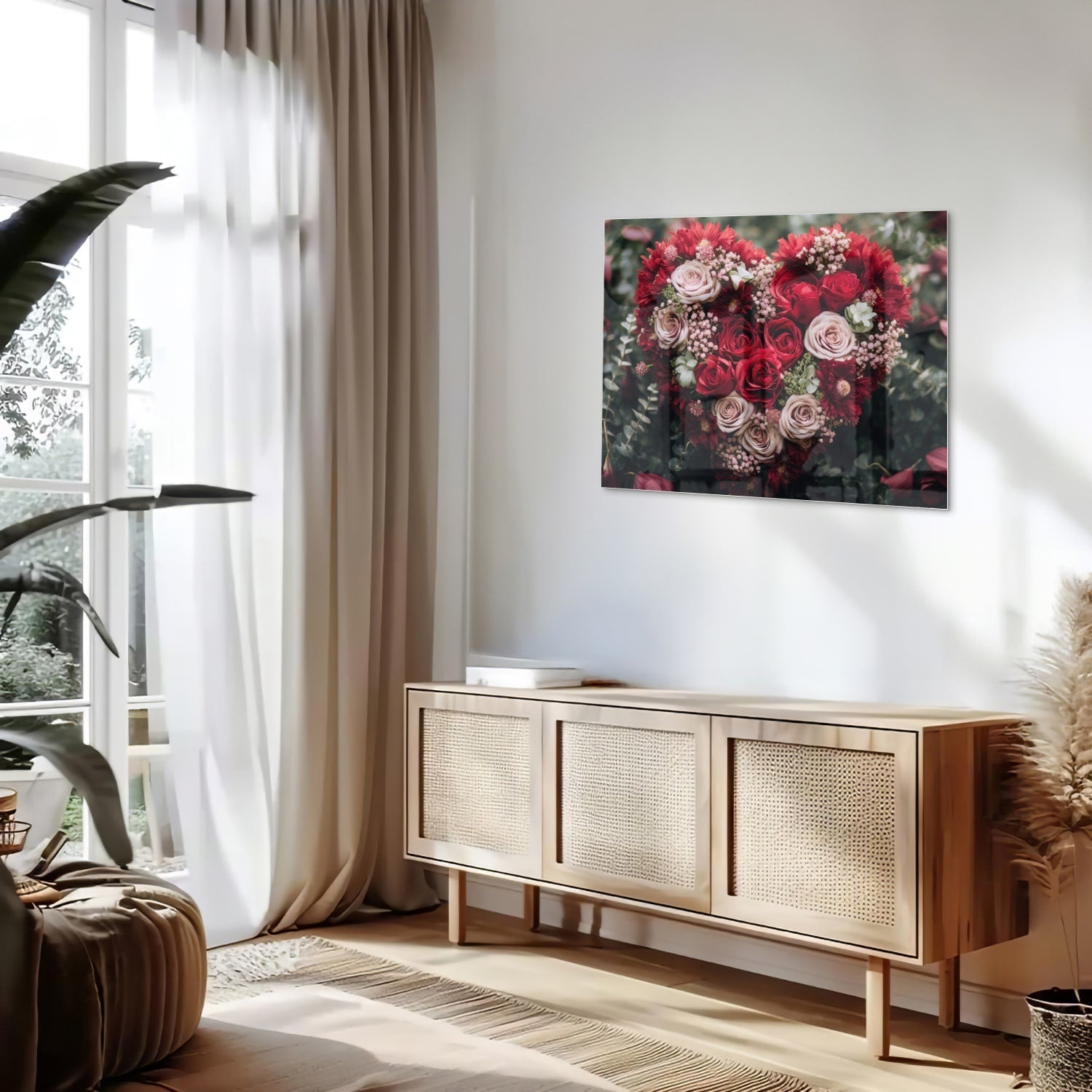 Glasbild mit herzförmigem Blumenmotiv in Rottönen