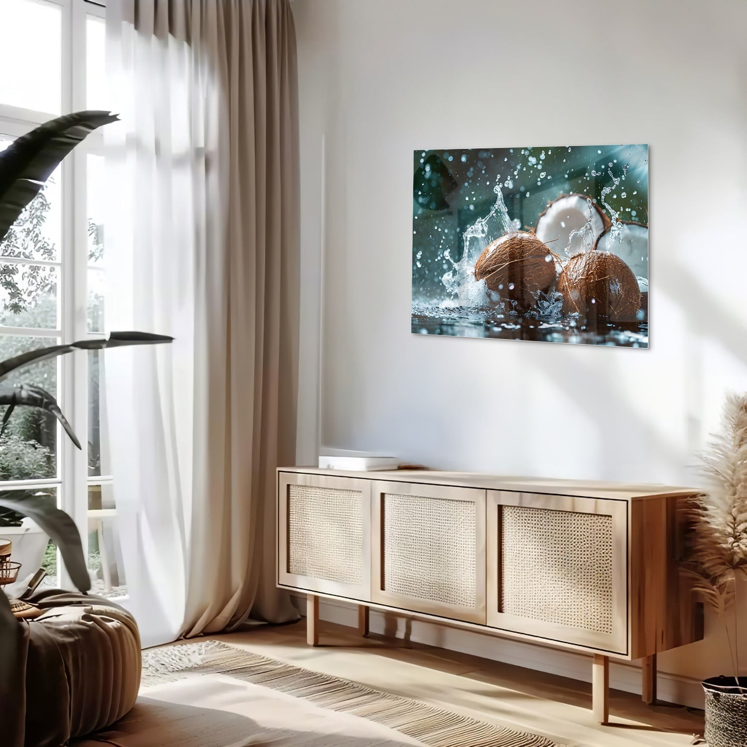 Glasbild Kokosnuss-Trio mit Wasserstrahlen