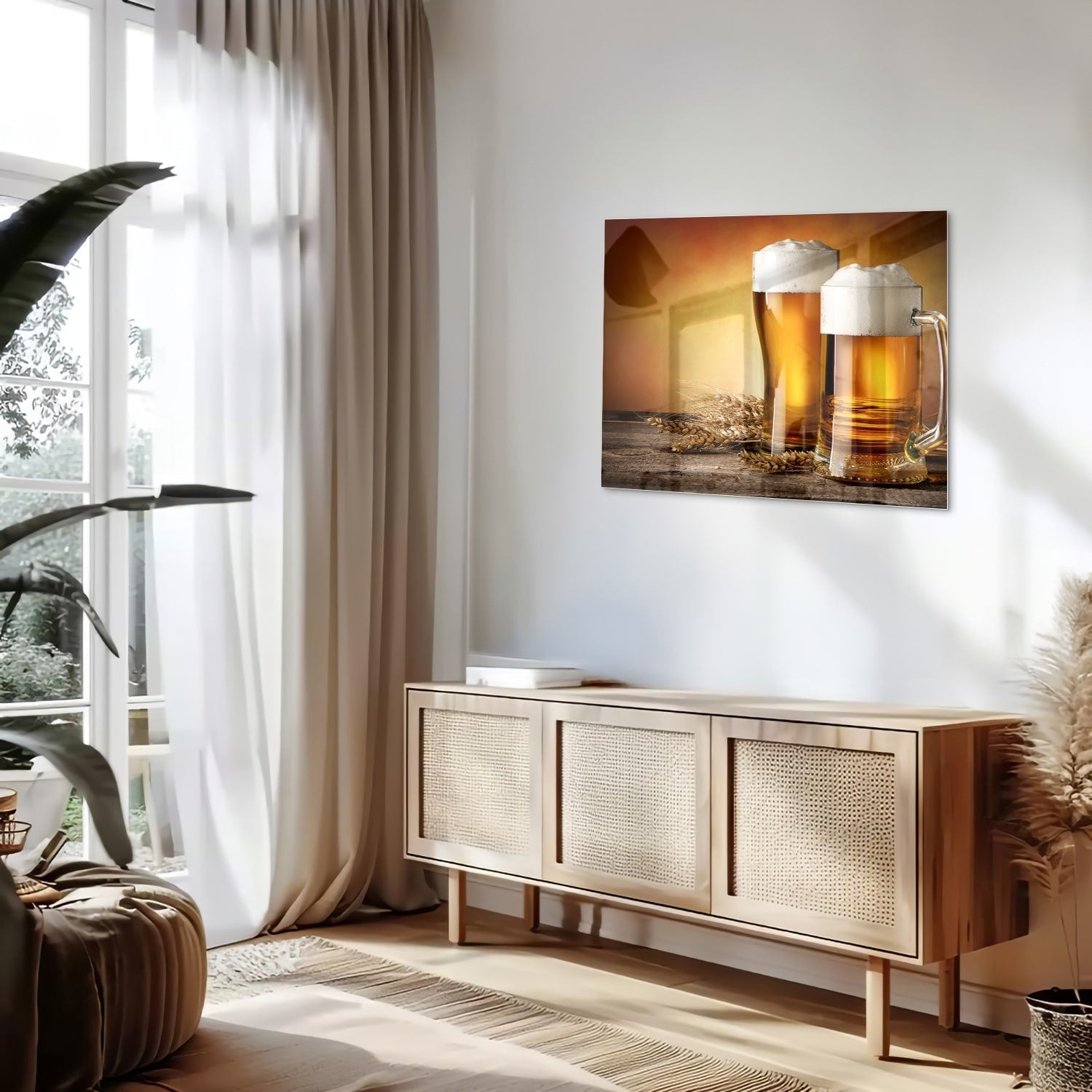 Stilvolles Glasbild mit Bier und Gerste