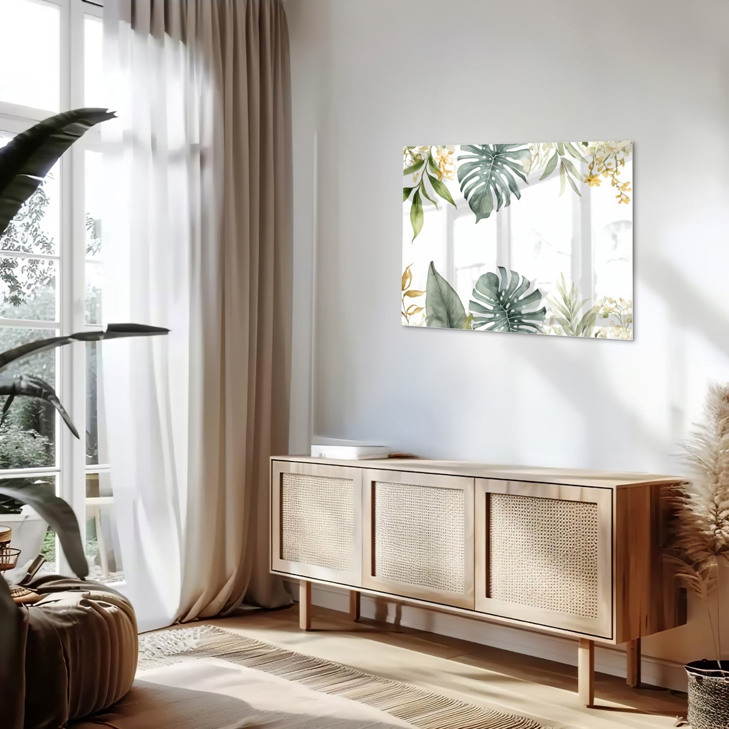 Glasbild mit tropischen Blättern und botanischer Flora