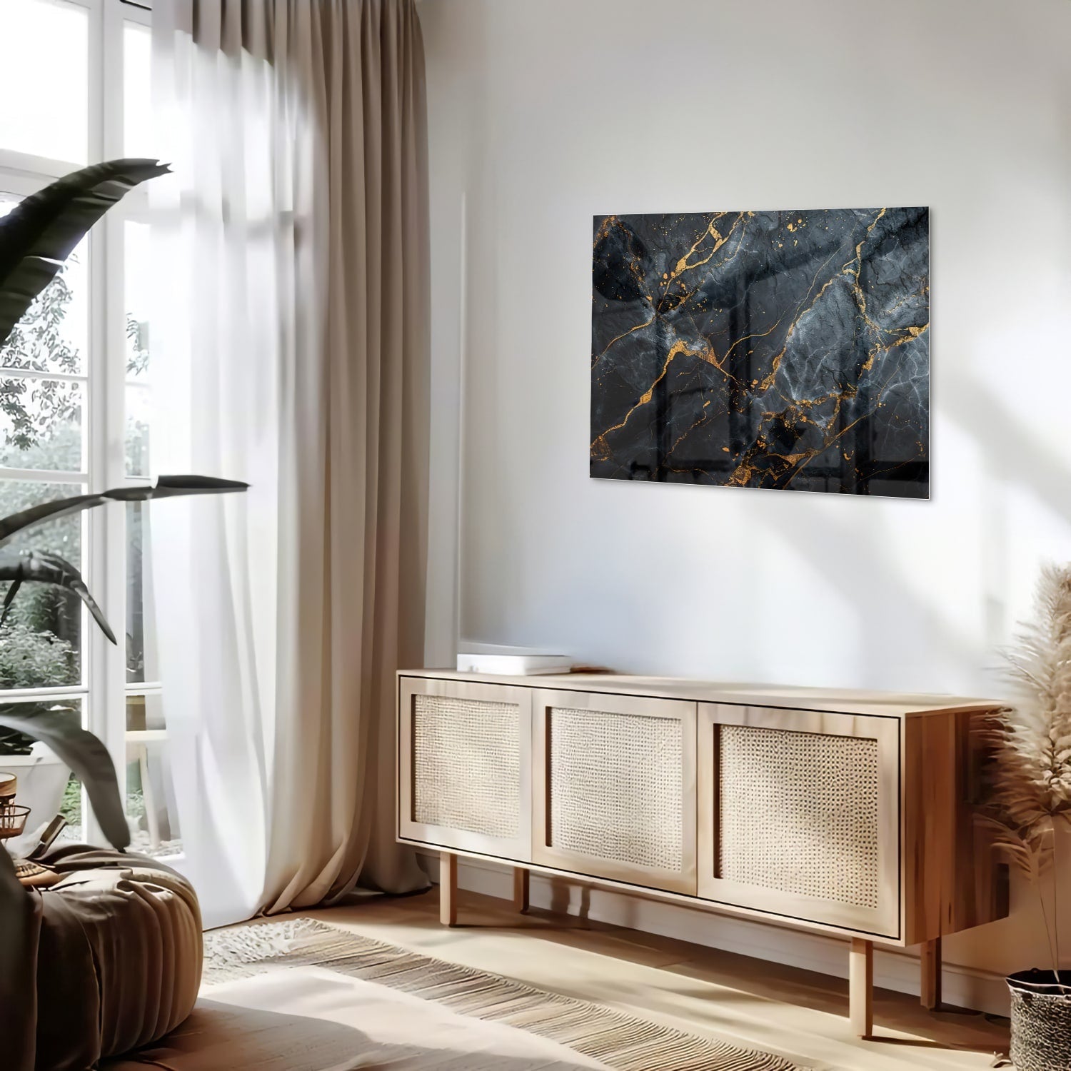 Elegantes Glasbild mit Marmoroptik und goldenen Adern