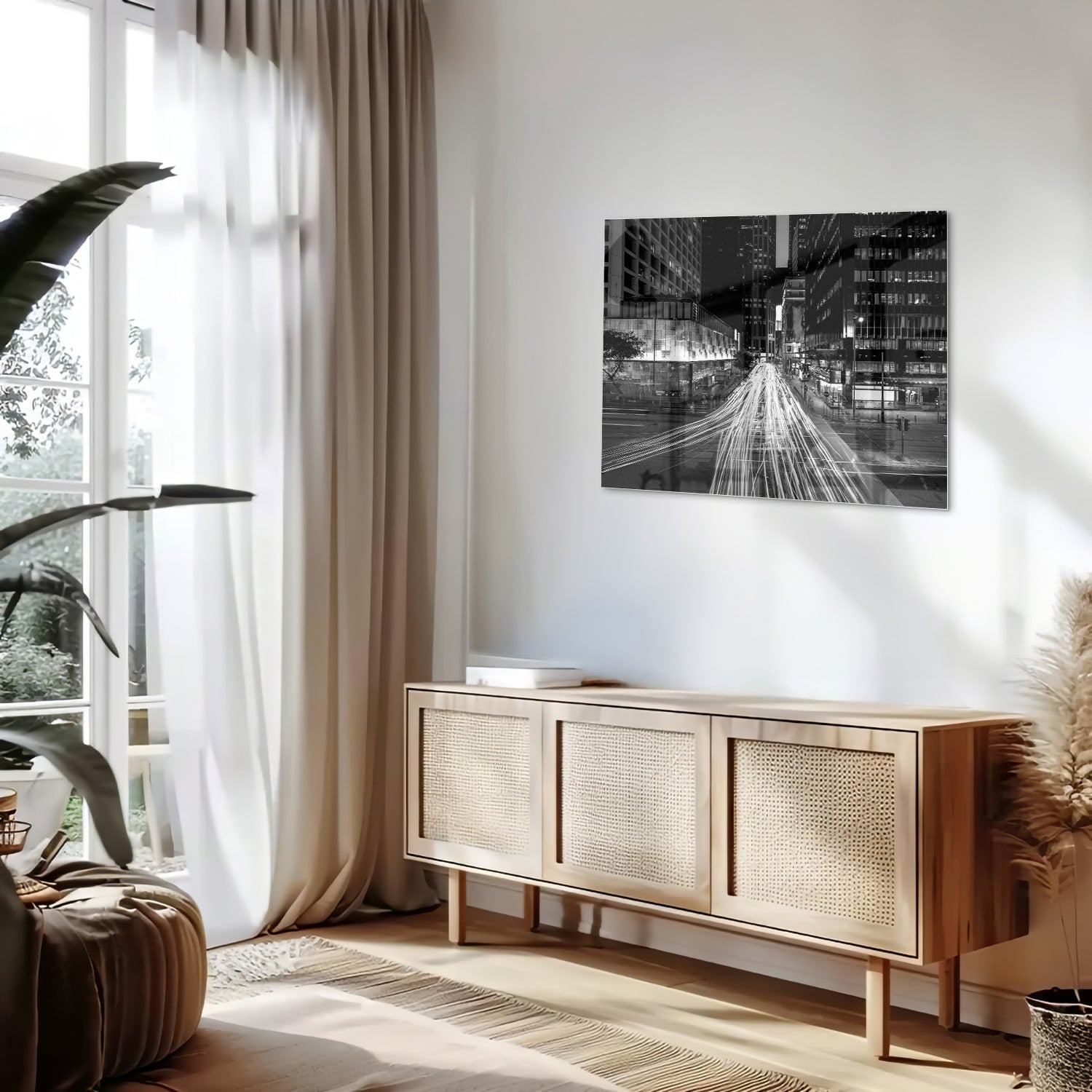 Schwarz-Weiß-Glasbild mit Stadtlichtern