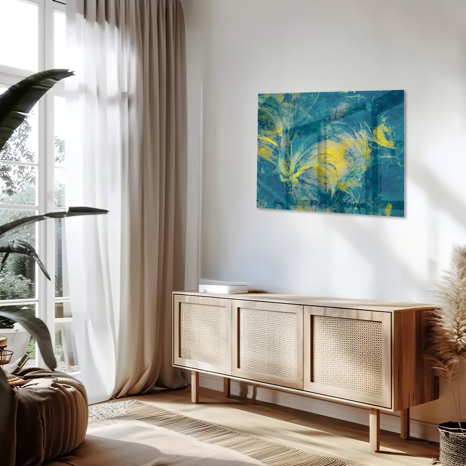 Farbenfrohes Glasbild mit abstraktem blau-gelbem Muster