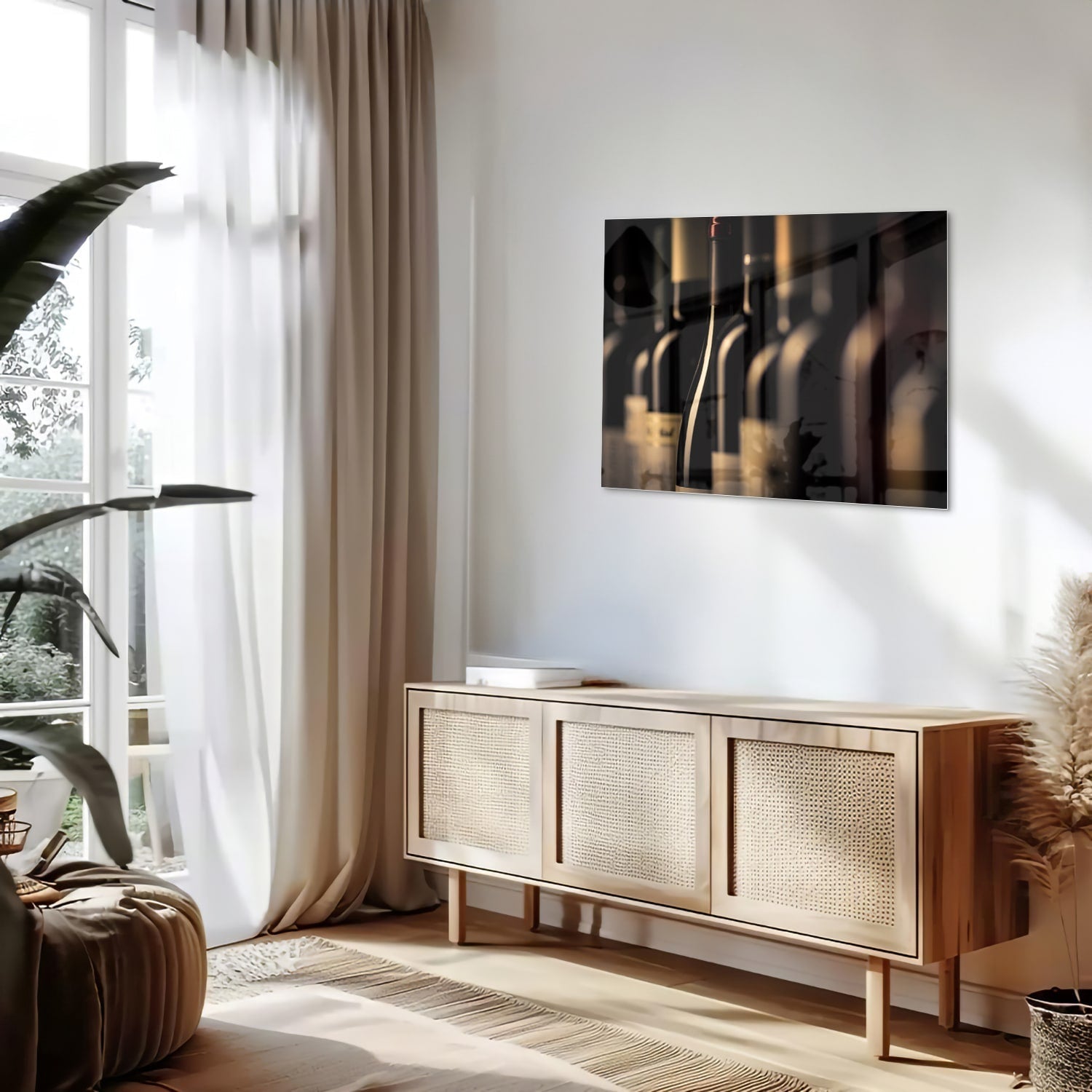 Elegantes Glasbild mit Weinflaschen
