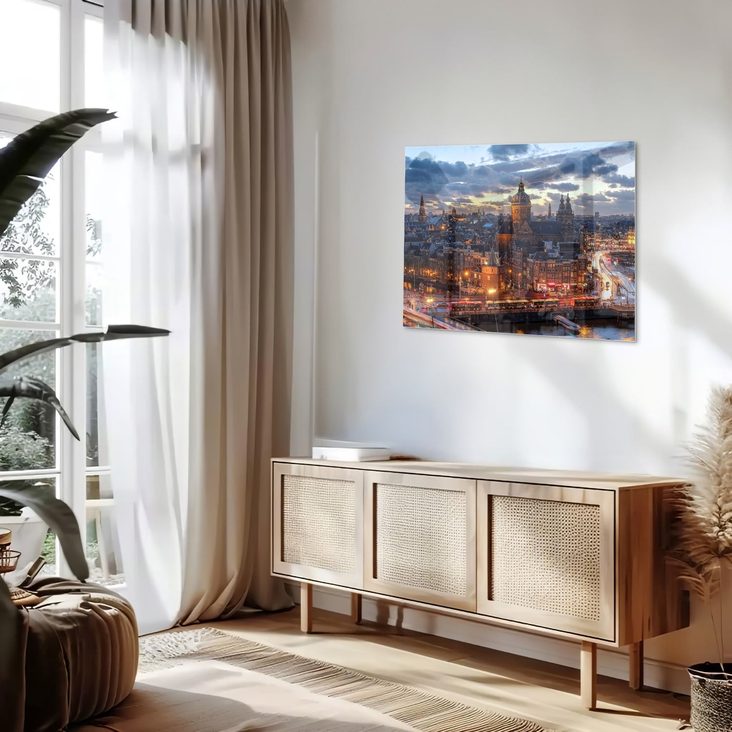 Stimmungsvolles Glasbild mit urbaner Landschaft