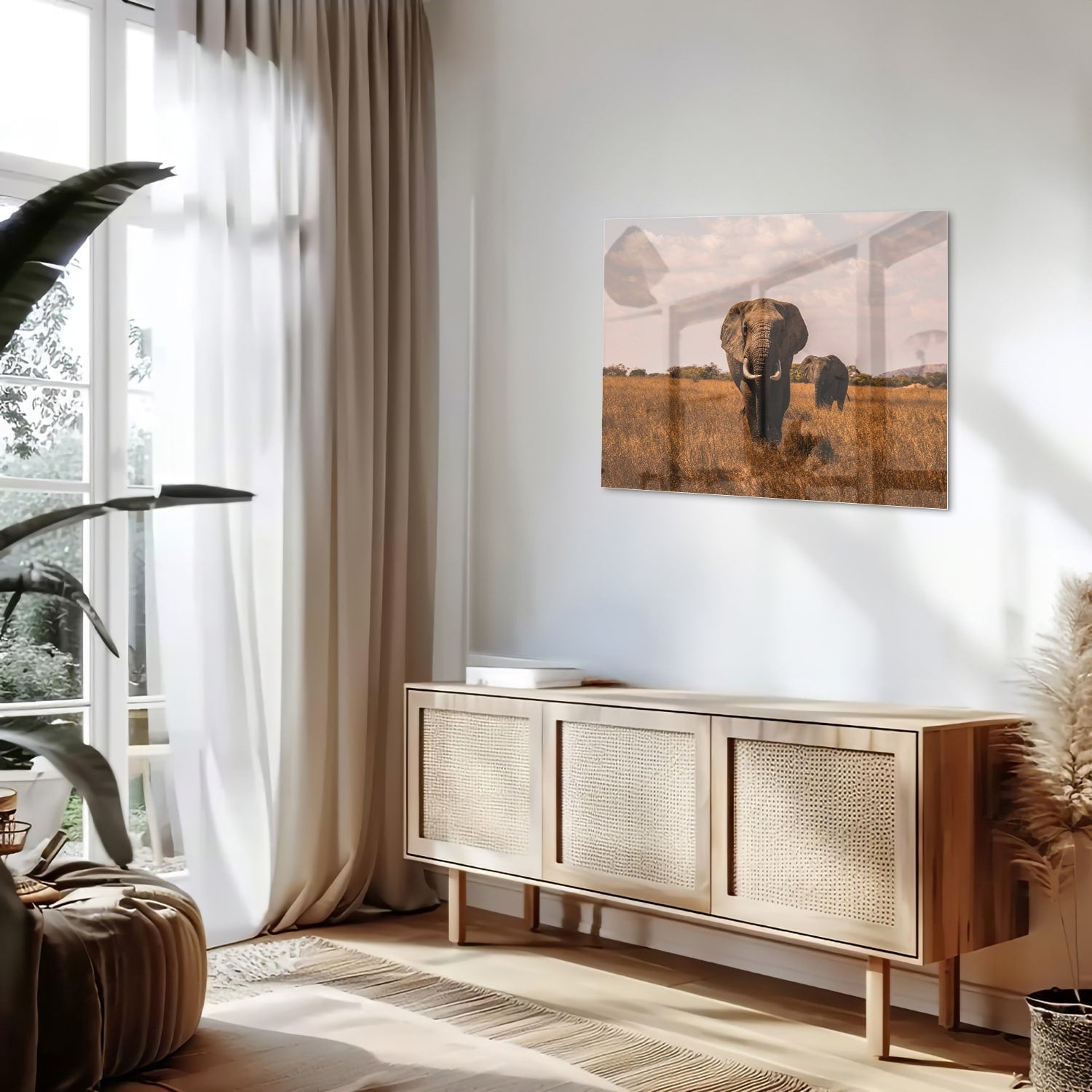 Wunderschönes Glasbild mit Elefanten in der Natur