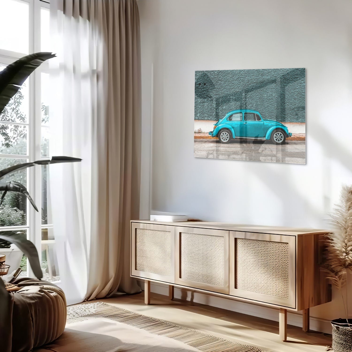 Stilvolles Glasbild mit einem türkisen Auto