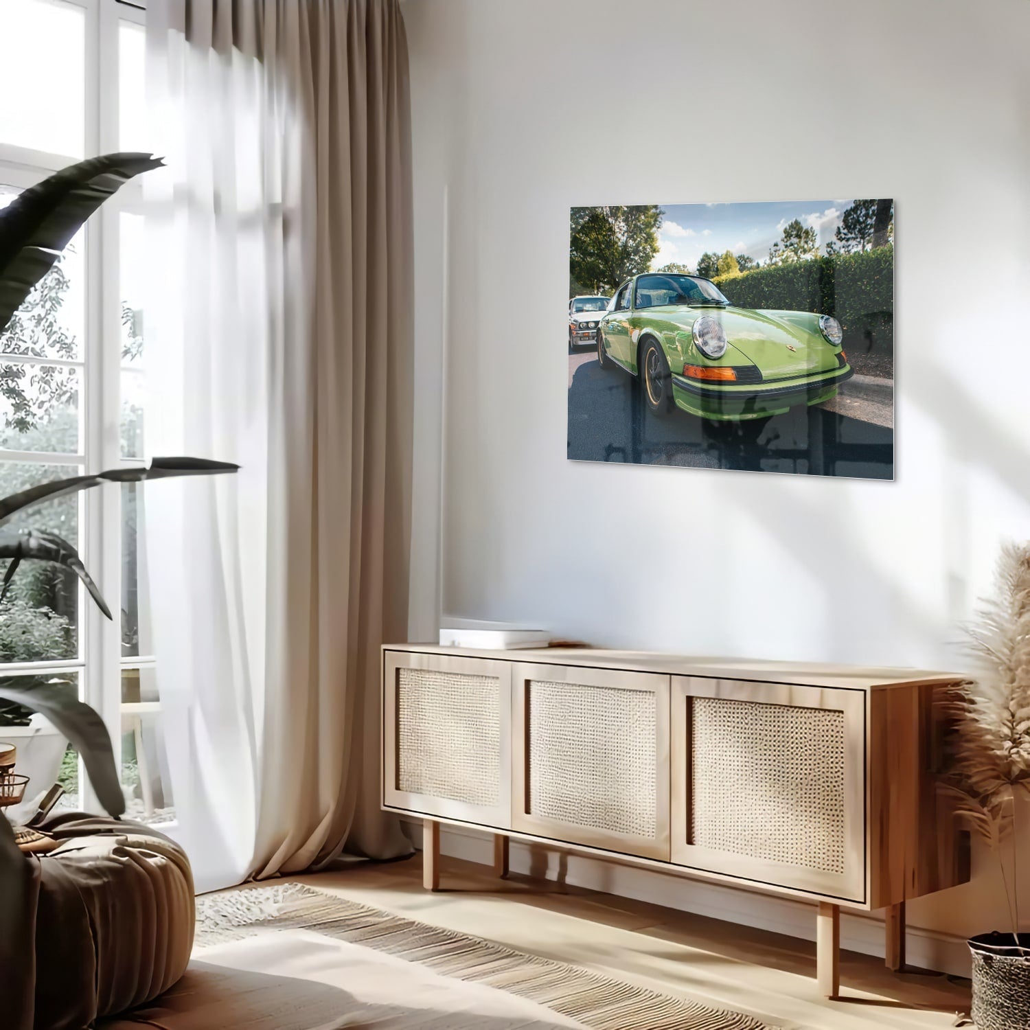 Glasbild mit einzigartigem grünen Porsche für moderne Innenräume