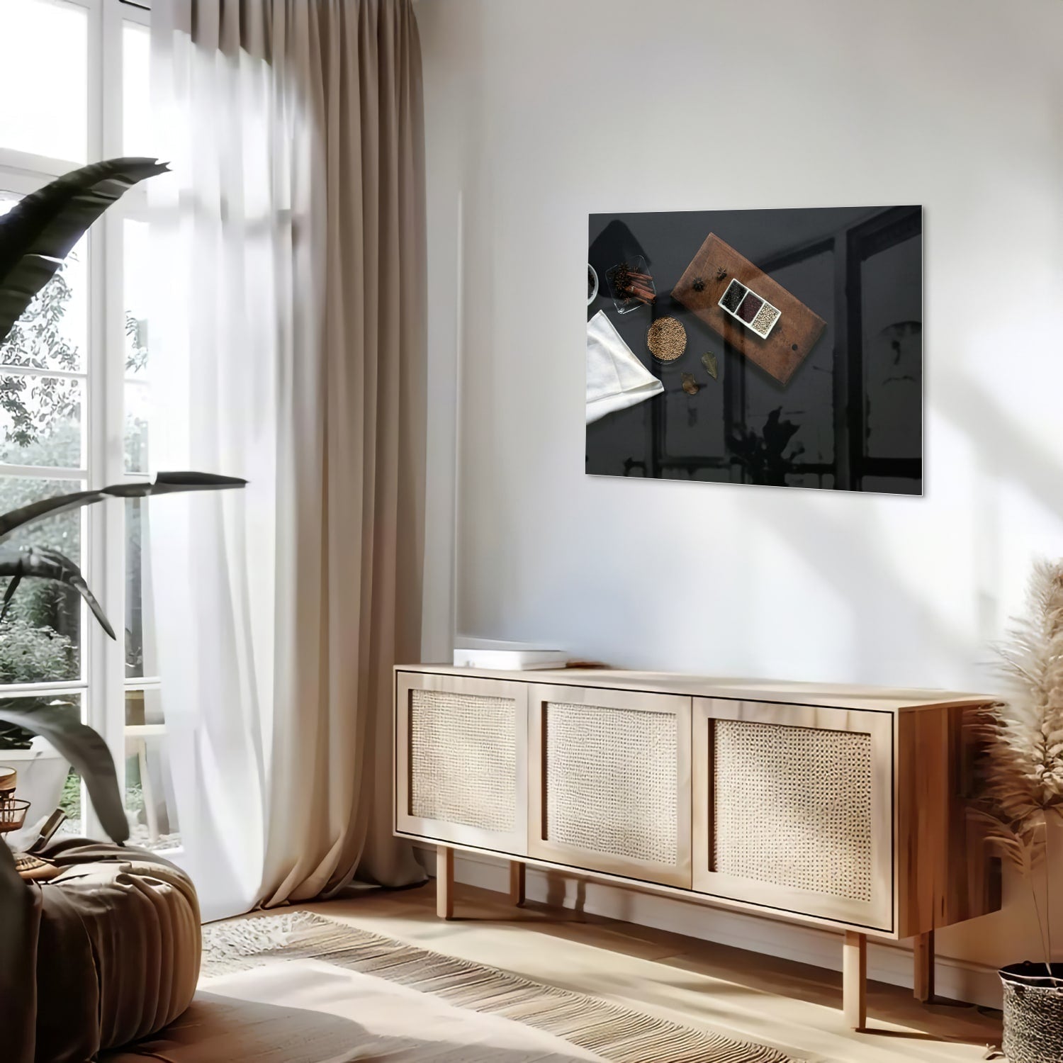 Modernes Glasbild mit Kaffee und Notizen