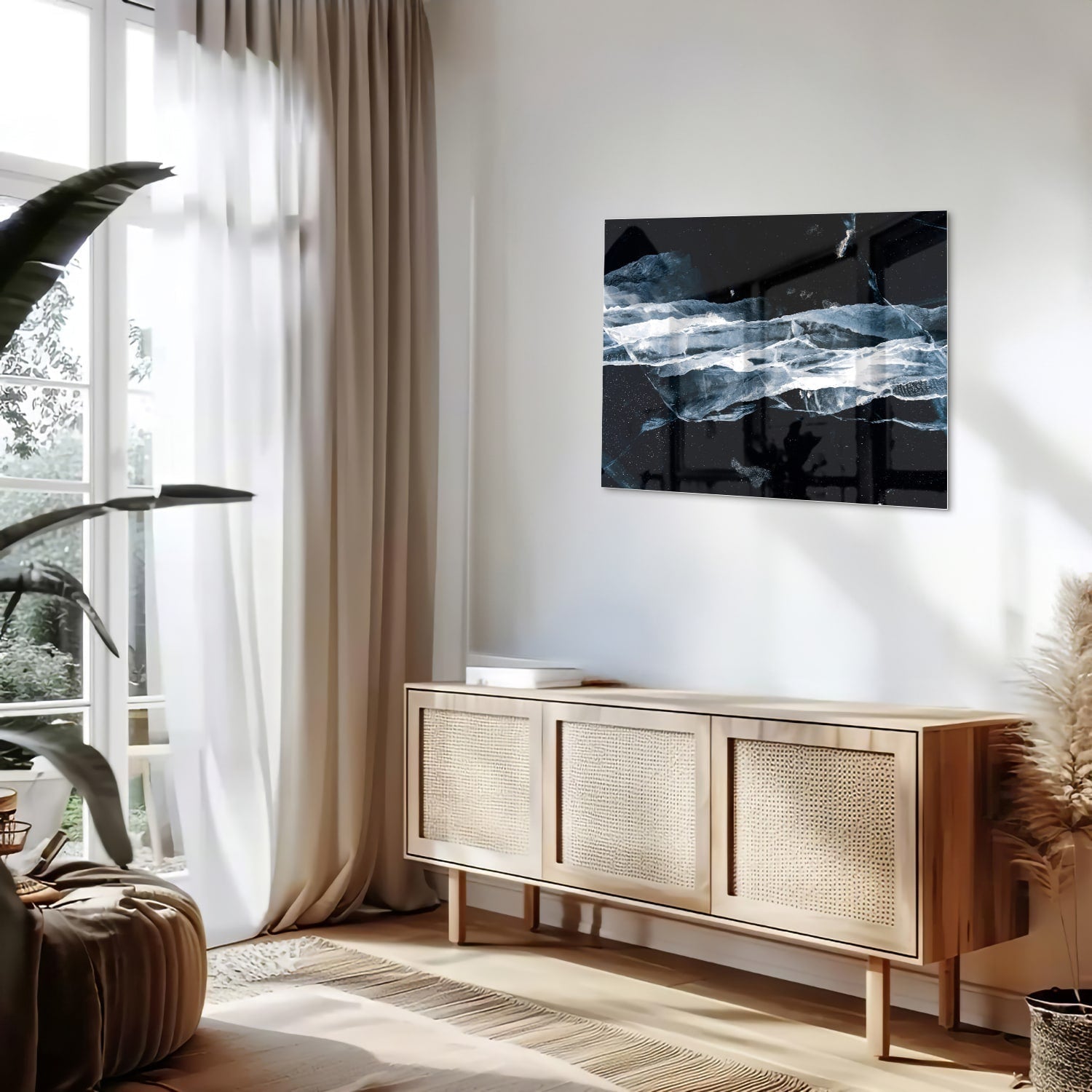 Abstraktes Glasbild für den Innenraum bei Nacht
