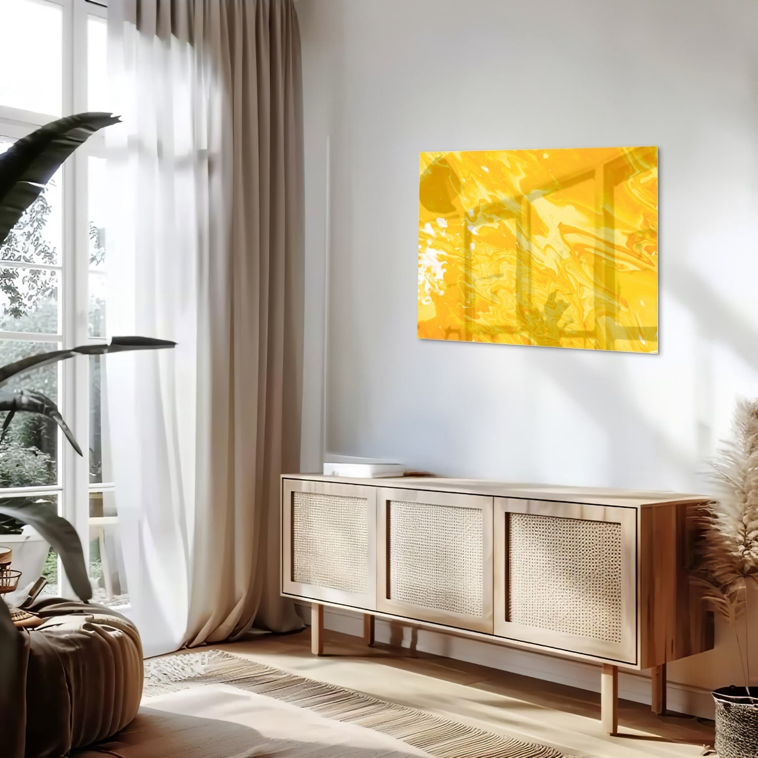 Leuchtend gelbes Glasbild für moderne Innenräume