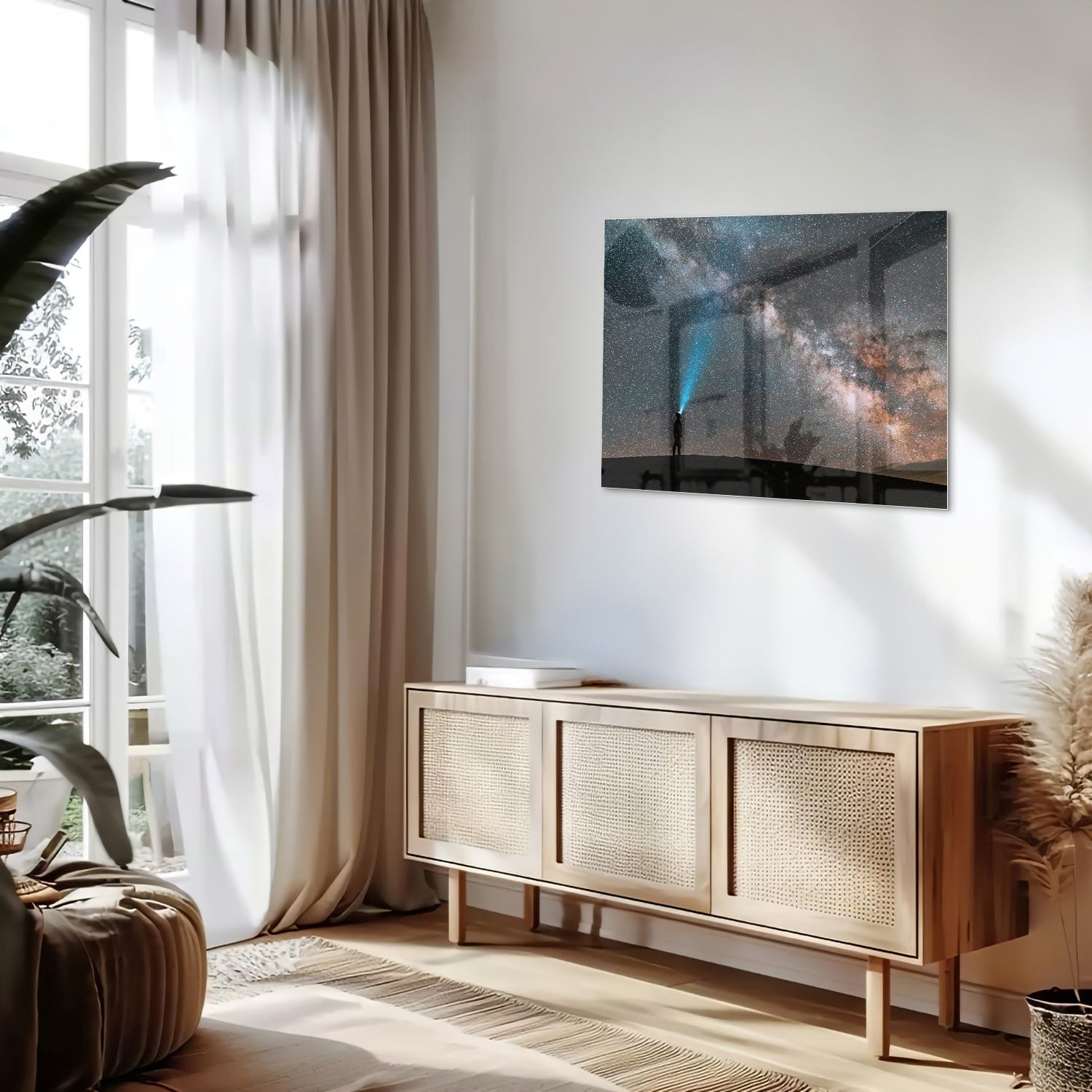 Glasbild Sternenhimmel mit Lichtstrahl