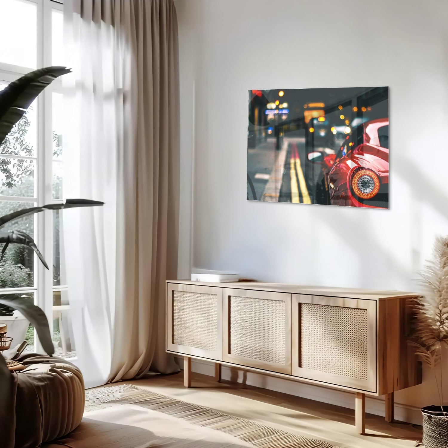 Stilvolles Glasbild mit einem roten Auto in der Stadt
