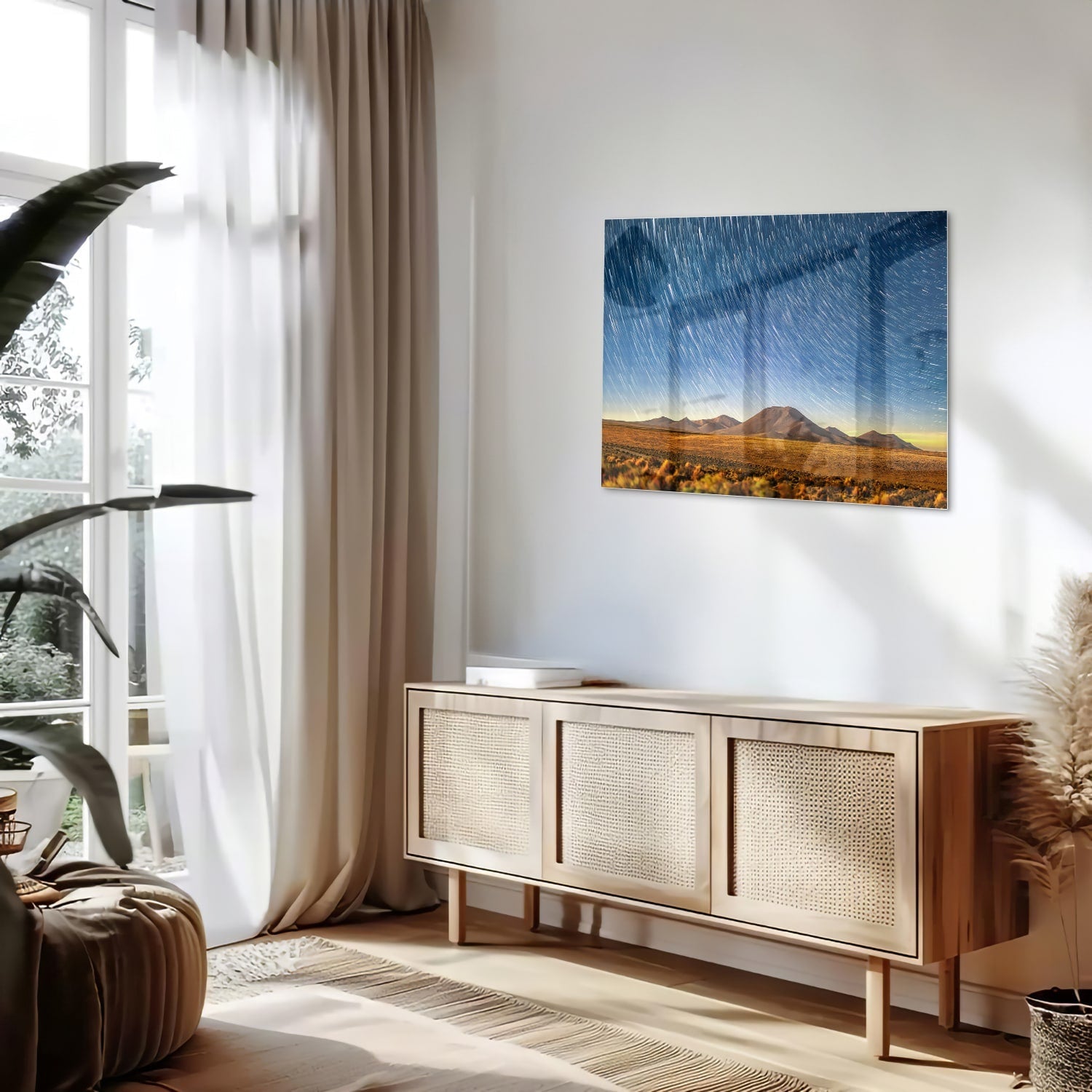 Glasbild mit Sternenhimmel über den Bergen