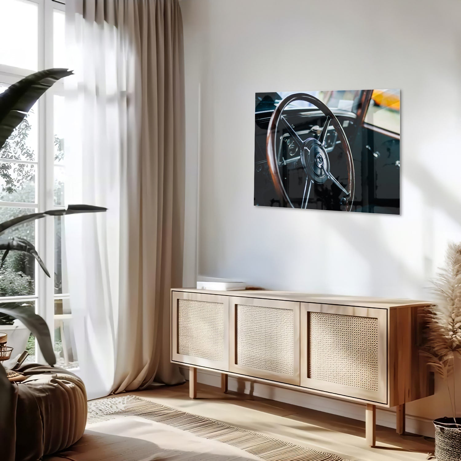 Glasbild Vintage-Glasbild mit klassischem Lenkrad