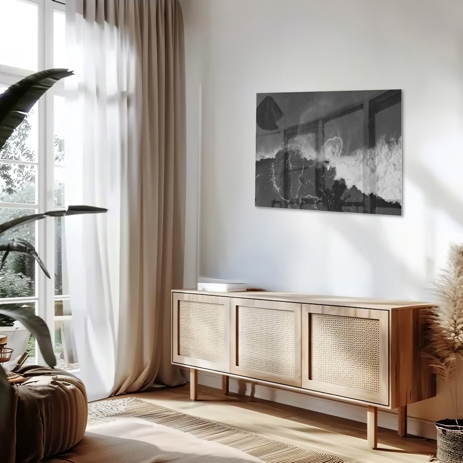Abstraktes Schwarz-Weiß-Glasbild für ein modernes Interieur