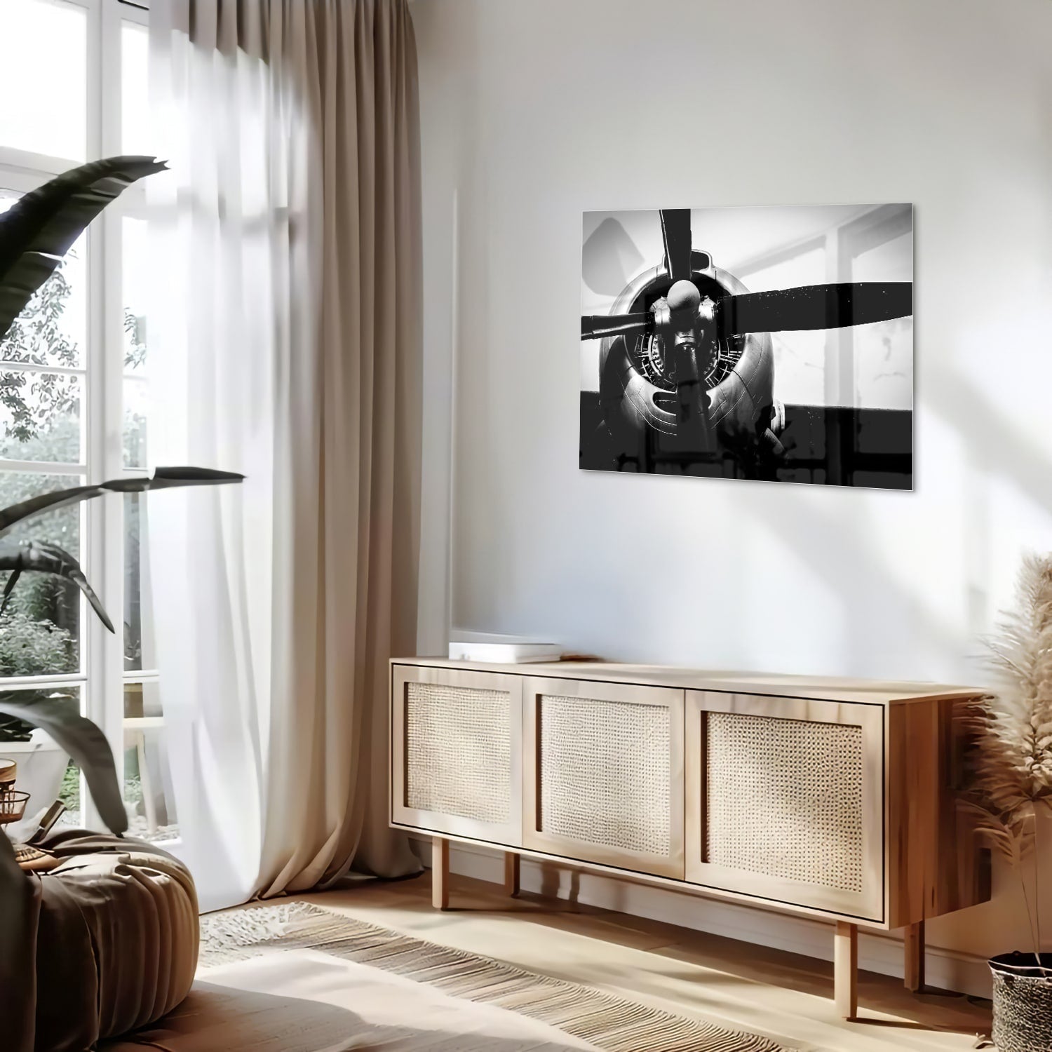 Schwarz-Weiß-Glasbild mit Vintage-Flugzeugpropeller