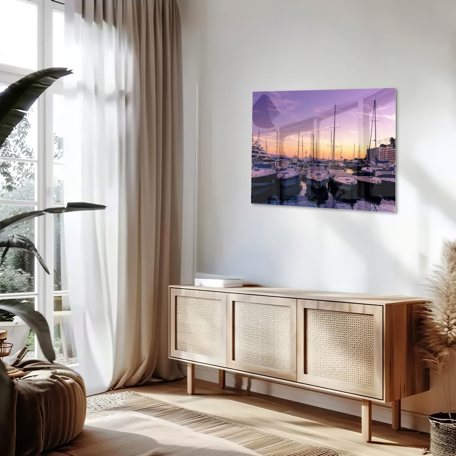 Glasbild mit Sonnenuntergang am Hafen