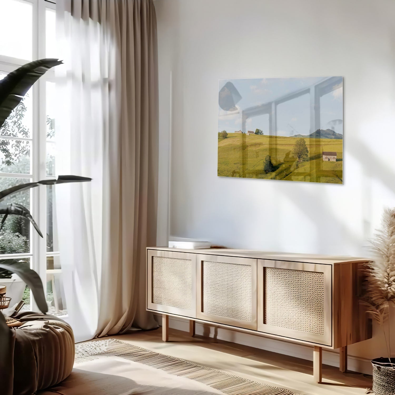 Glasbild mit grünen Hügeln in der Landschaft