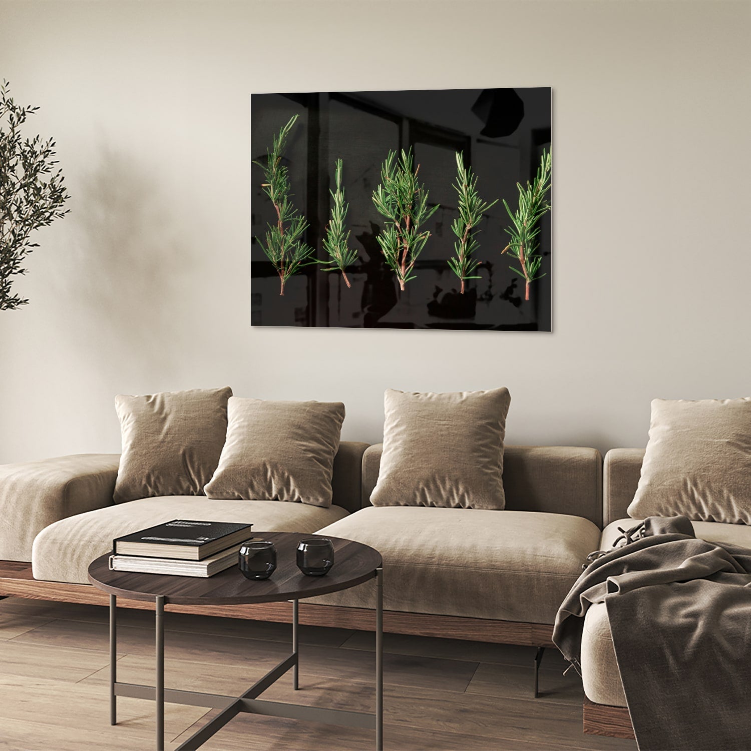 Modernes Glasbild mit grünen Ästen