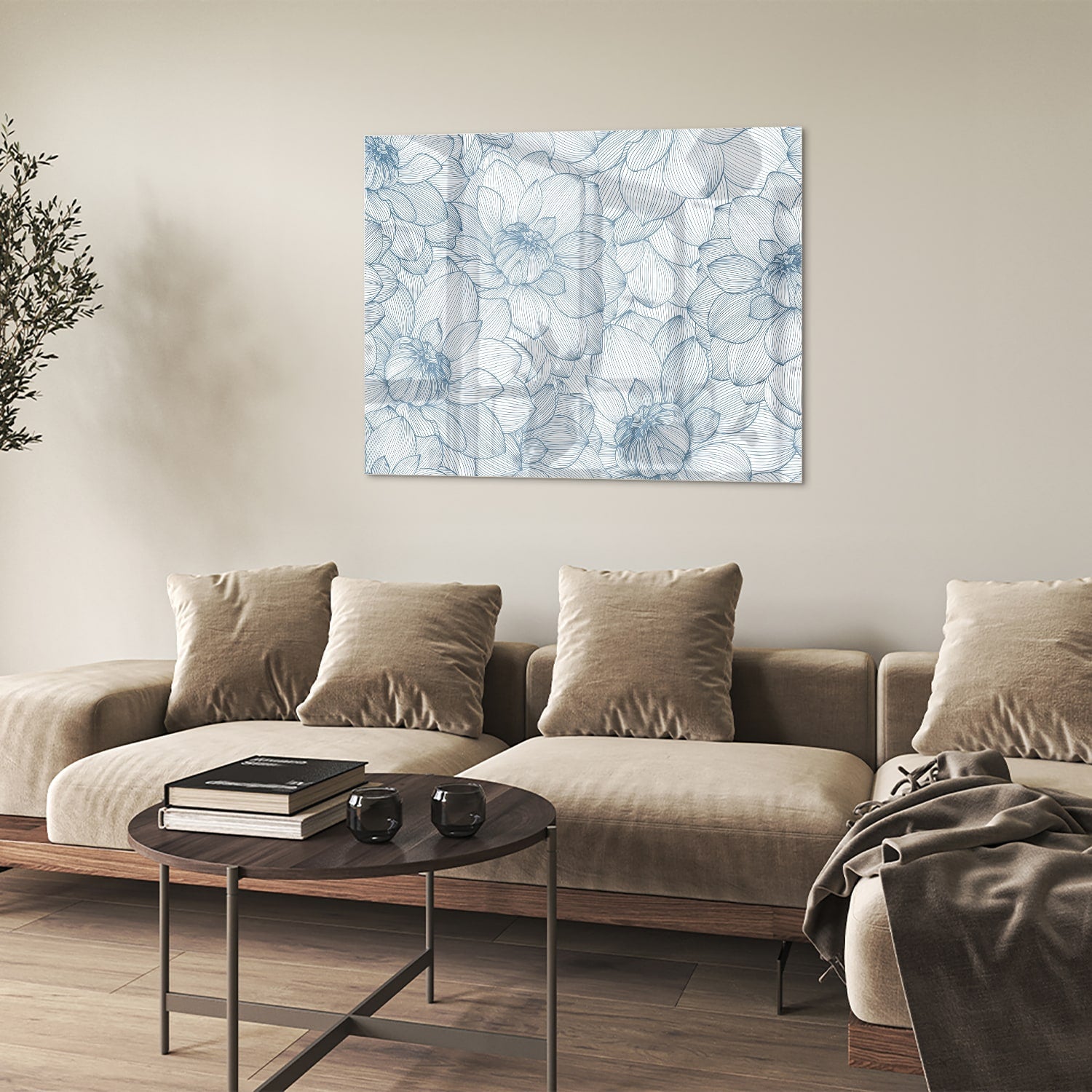 Elegantes Glasbild mit Blumendesign in Blau