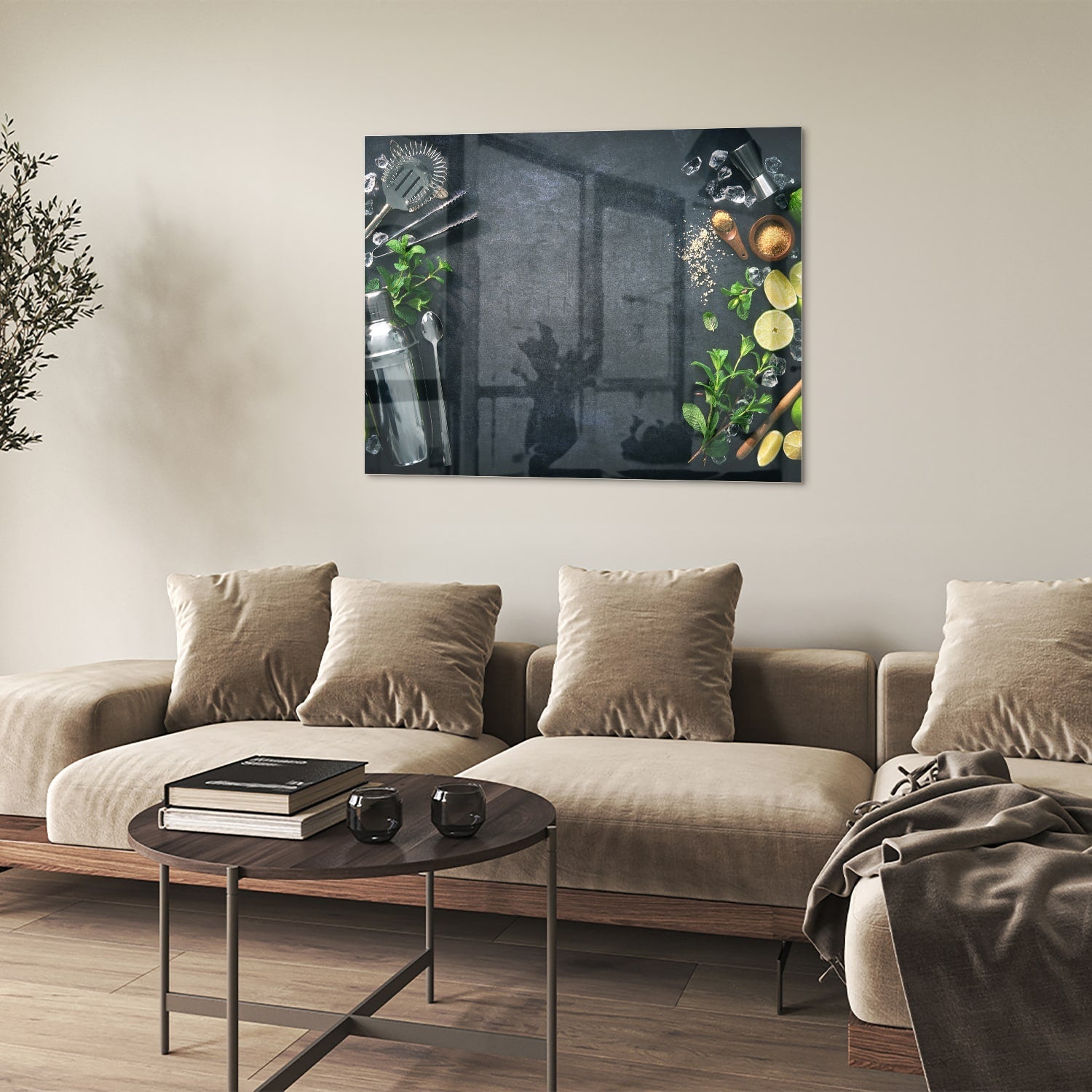 Elegantes Glasbild mit Kräutern und Zitronen