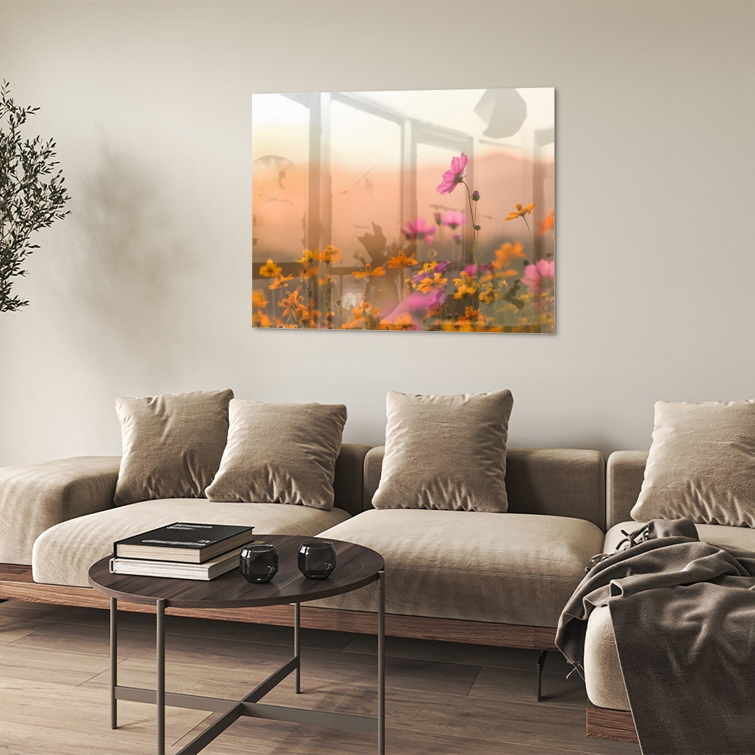 Wunderschönes Glasbild mit Blumen in Pastellfarben