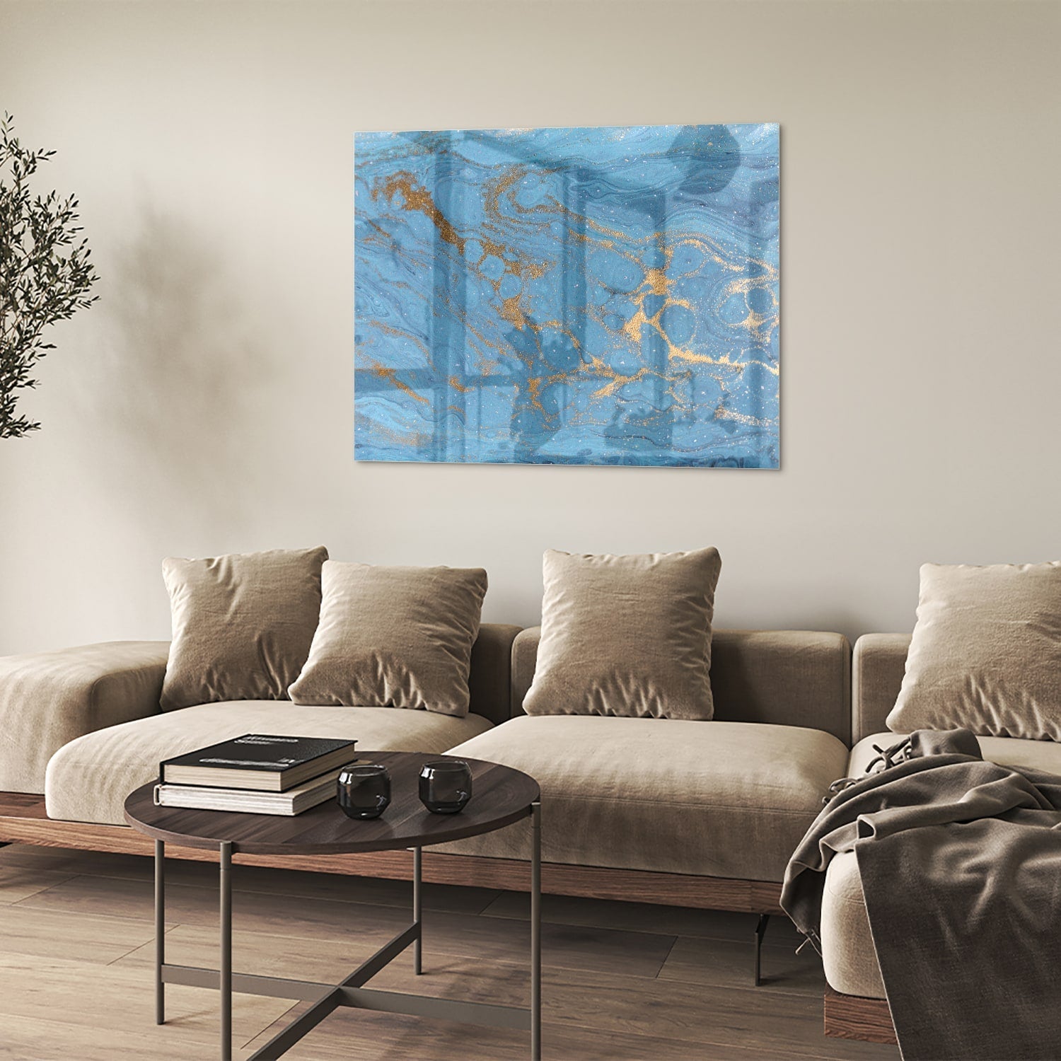 Elegantes Glasbild in blauen und goldenen Farbtönen