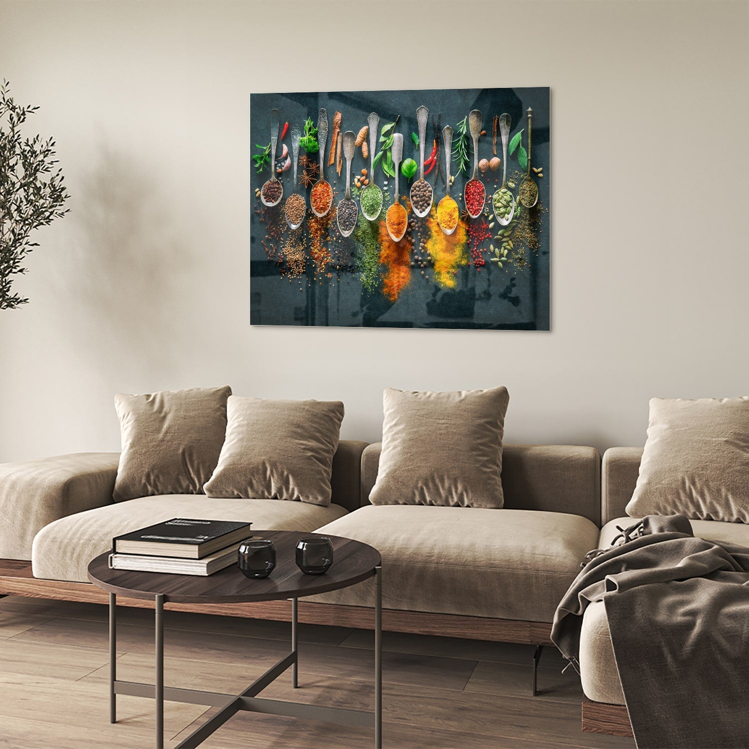 Farbenfrohes Glasbild mit Gewürzen und Kräutern