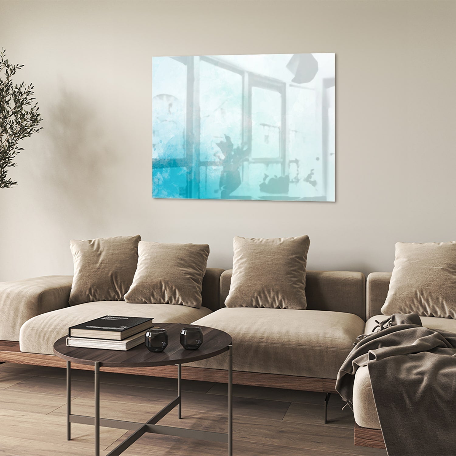 Abstraktes Glasbild in blauen und türkisen Farbtönen