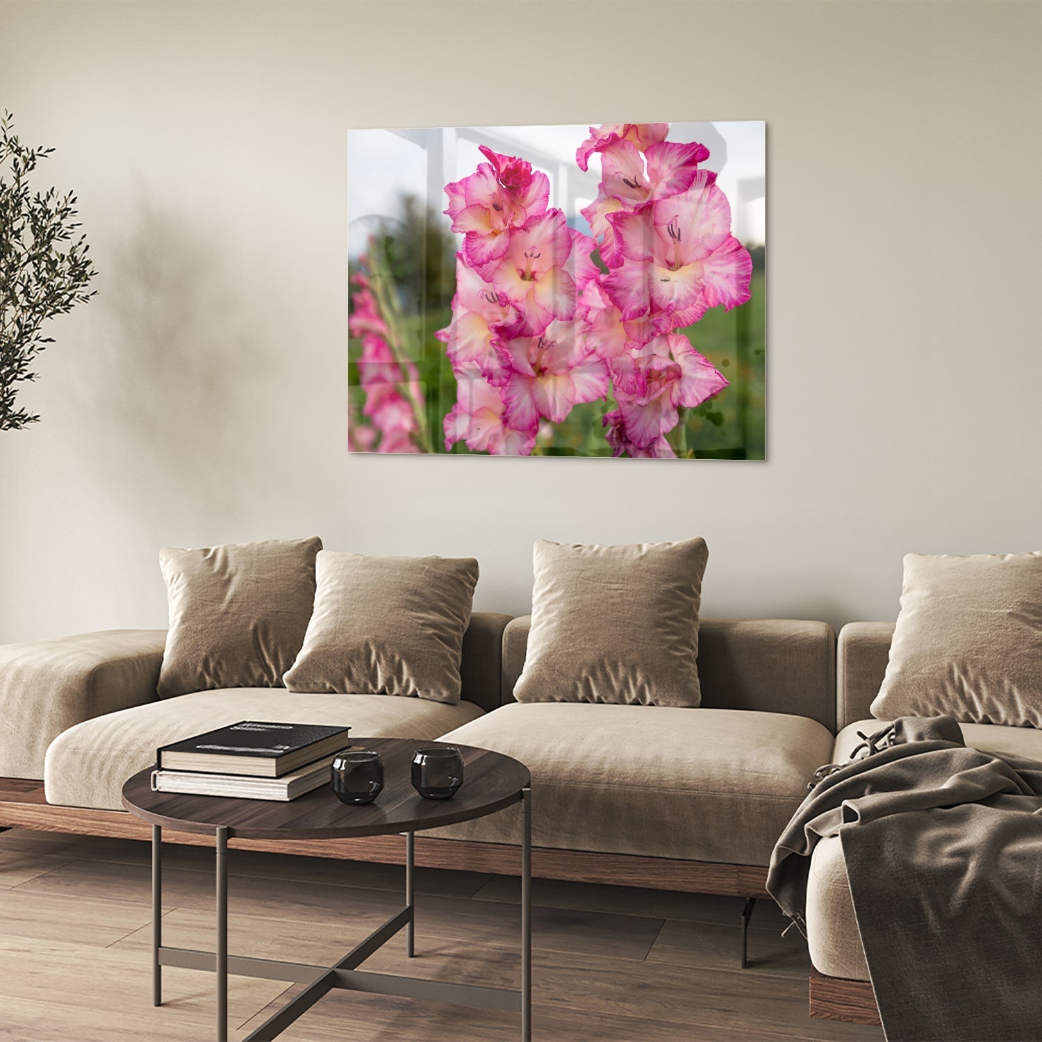 Glasbild mit wunderschönen rosa Gladiolen